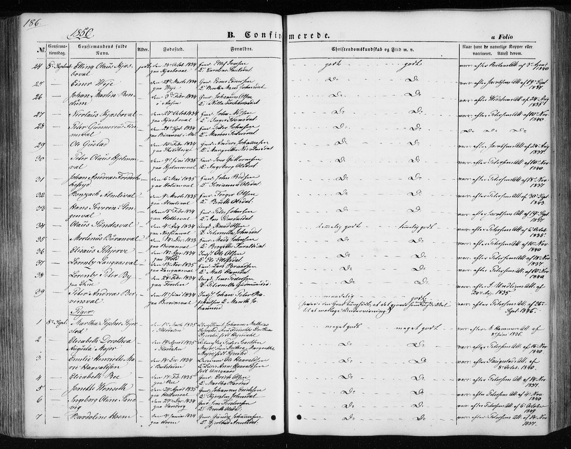 Ministerialprotokoller, klokkerbøker og fødselsregistre - Nord-Trøndelag, AV/SAT-A-1458/717/L0154: Parish register (official) no. 717A07 /1, 1850-1862, p. 186