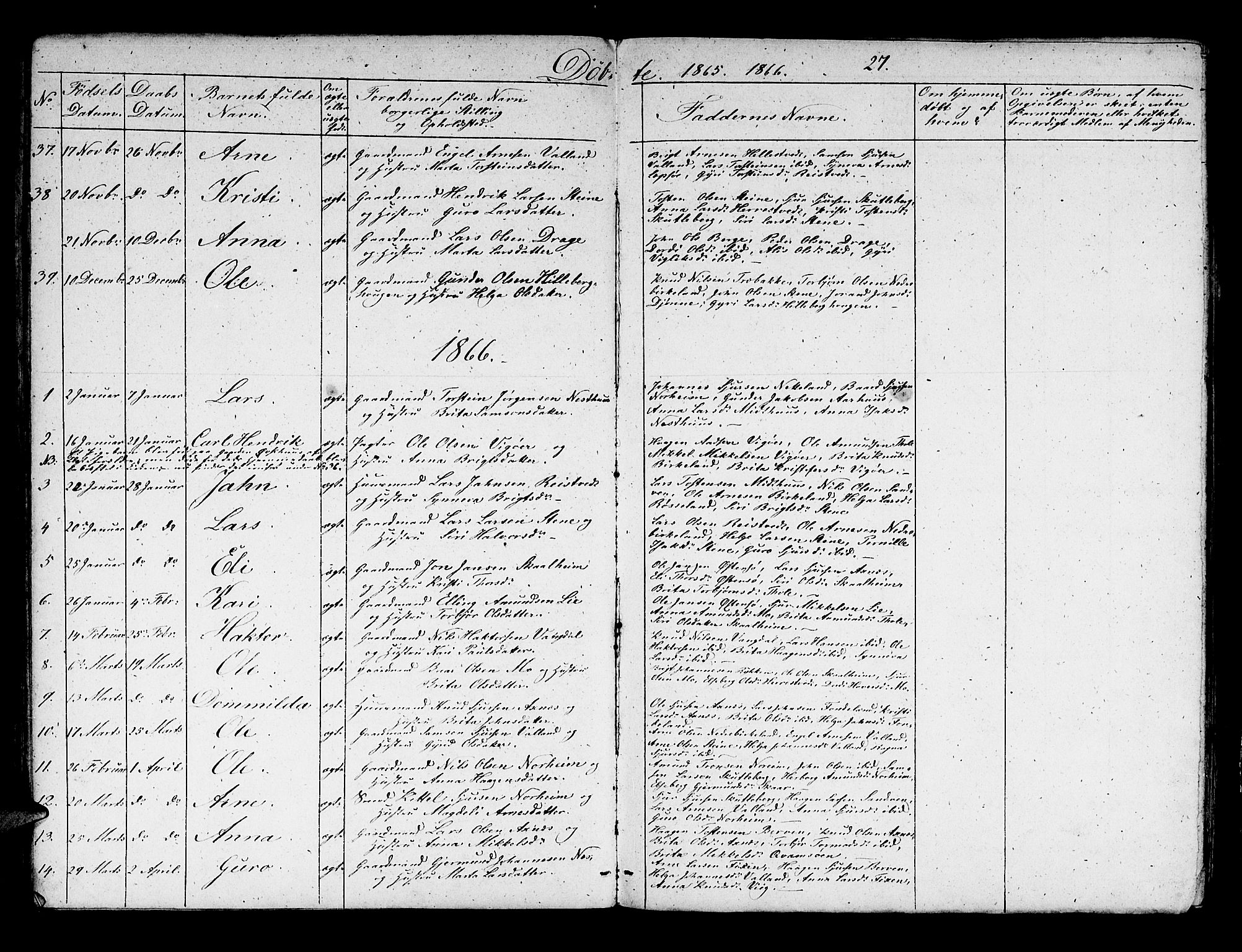Kvam sokneprestembete, SAB/A-76201/H/Hab: Parish register (copy) no. B 1, 1852-1870, p. 27