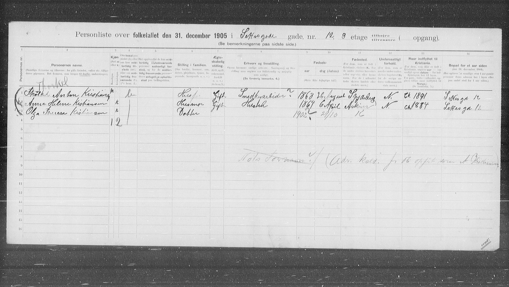 OBA, Municipal Census 1905 for Kristiania, 1905, p. 49237