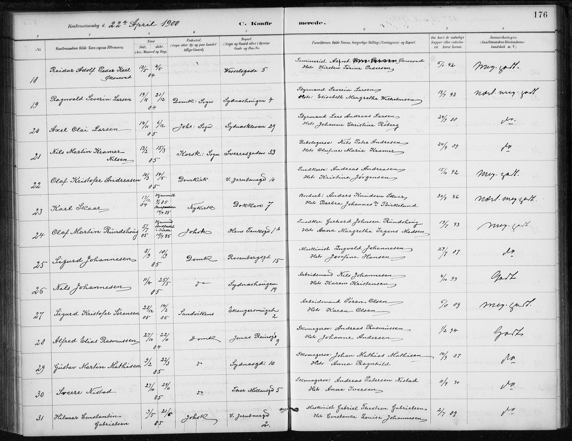 Johanneskirken sokneprestembete, SAB/A-76001/H/Haa/L0008: Parish register (official) no. C 1, 1885-1907, p. 176