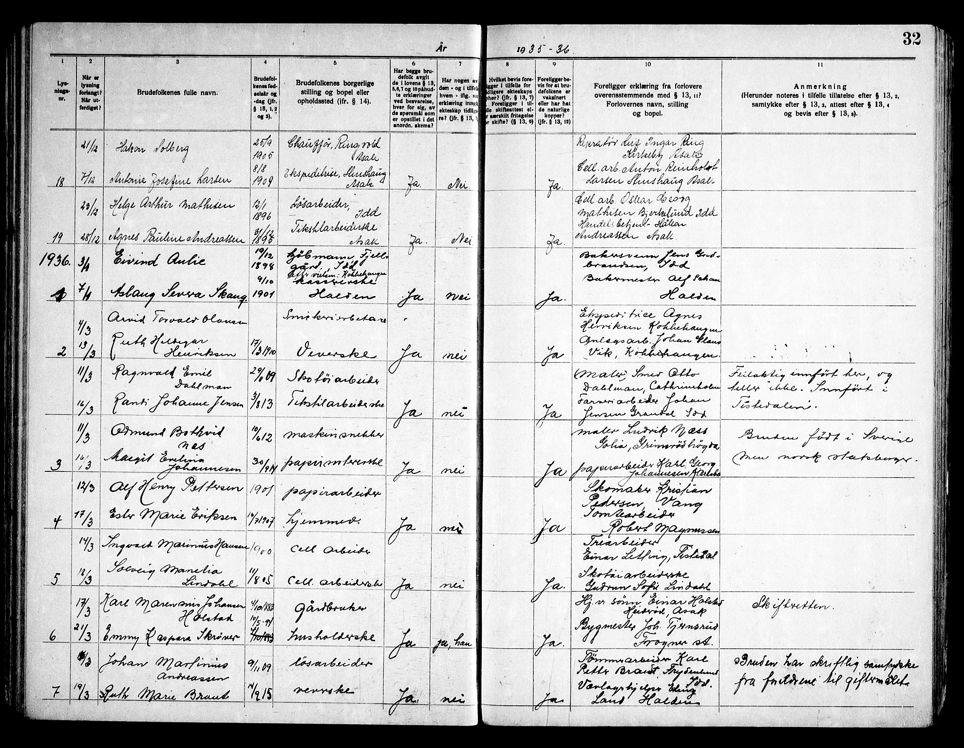 Berg prestekontor Kirkebøker, AV/SAO-A-10902/H/Hb/L0001: Banns register no. II 1, 1919-1966, p. 32
