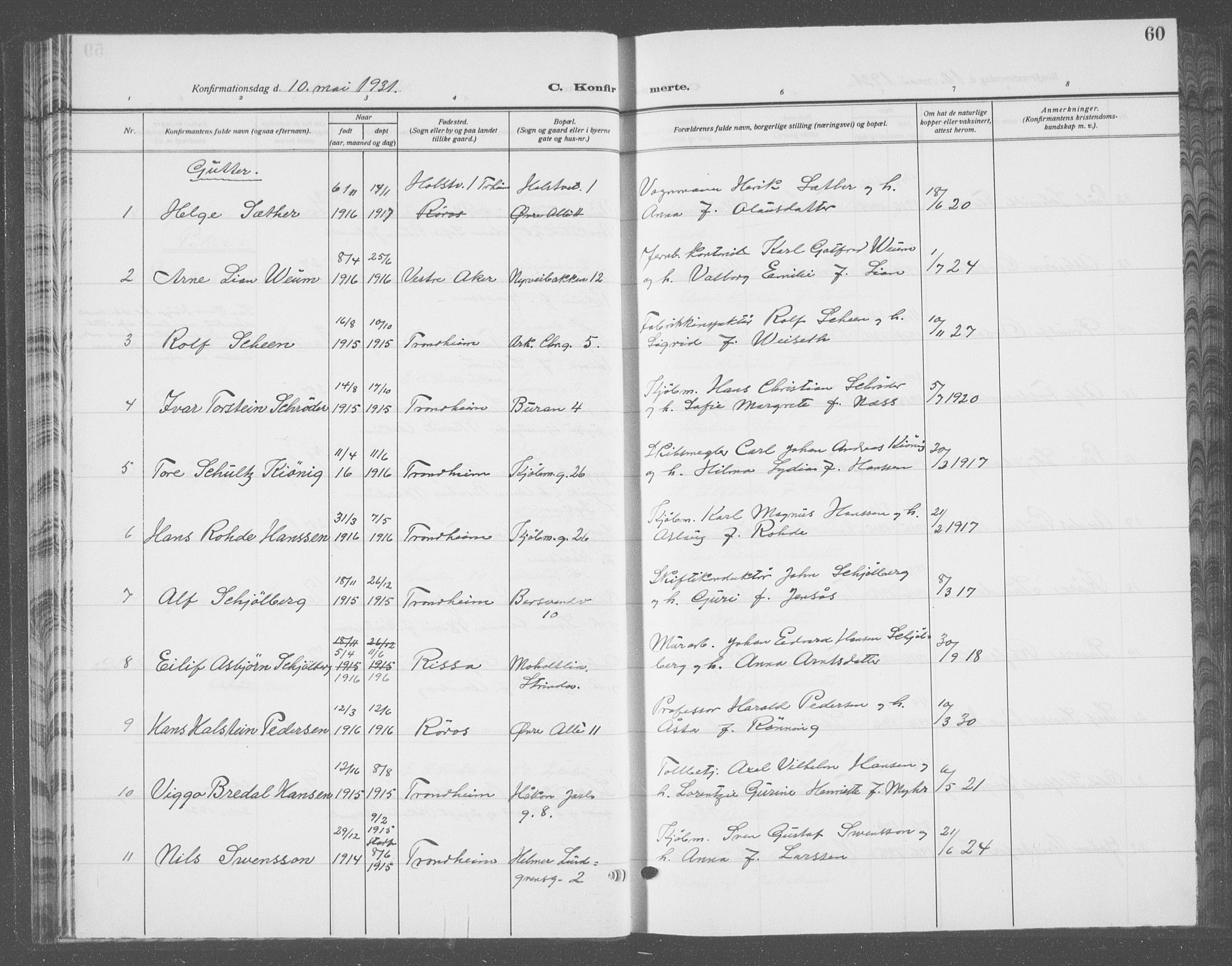 Ministerialprotokoller, klokkerbøker og fødselsregistre - Sør-Trøndelag, SAT/A-1456/601/L0099: Parish register (copy) no. 601C17, 1928-1941, p. 60