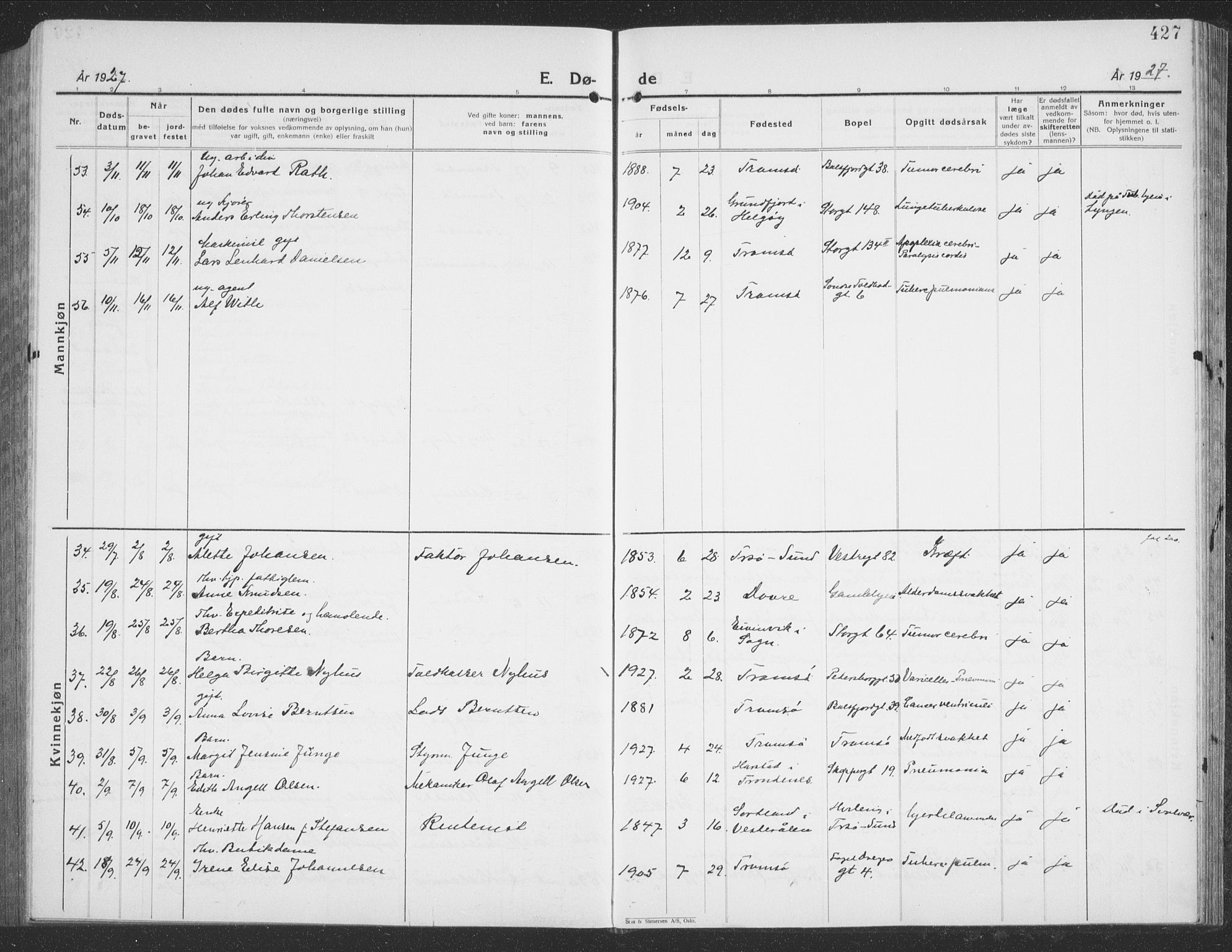 Tromsø sokneprestkontor/stiftsprosti/domprosti, AV/SATØ-S-1343/G/Gb/L0010klokker: Parish register (copy) no. 10, 1925-1937, p. 427