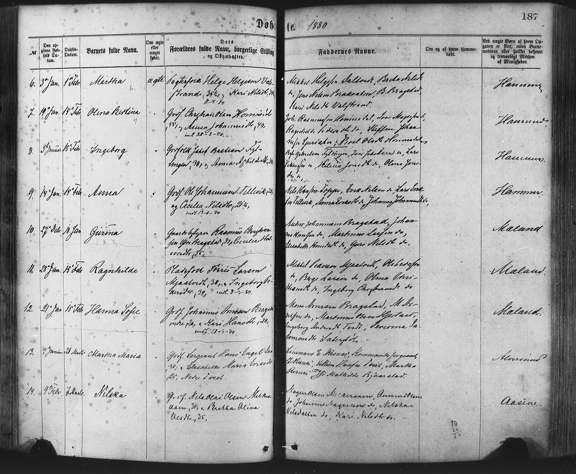 Hamre sokneprestembete, AV/SAB-A-75501/H/Ha/Haa/Haaa/L0015: Parish register (official) no. A 15, 1870-1881, p. 187