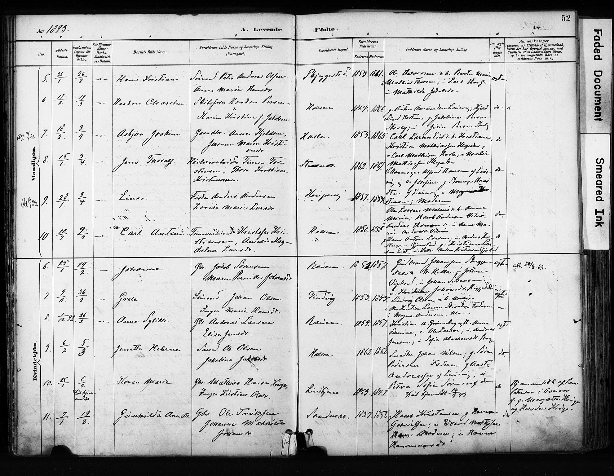 Tjølling kirkebøker, AV/SAKO-A-60/F/Fa/L0009: Parish register (official) no. 9, 1887-1905, p. 52