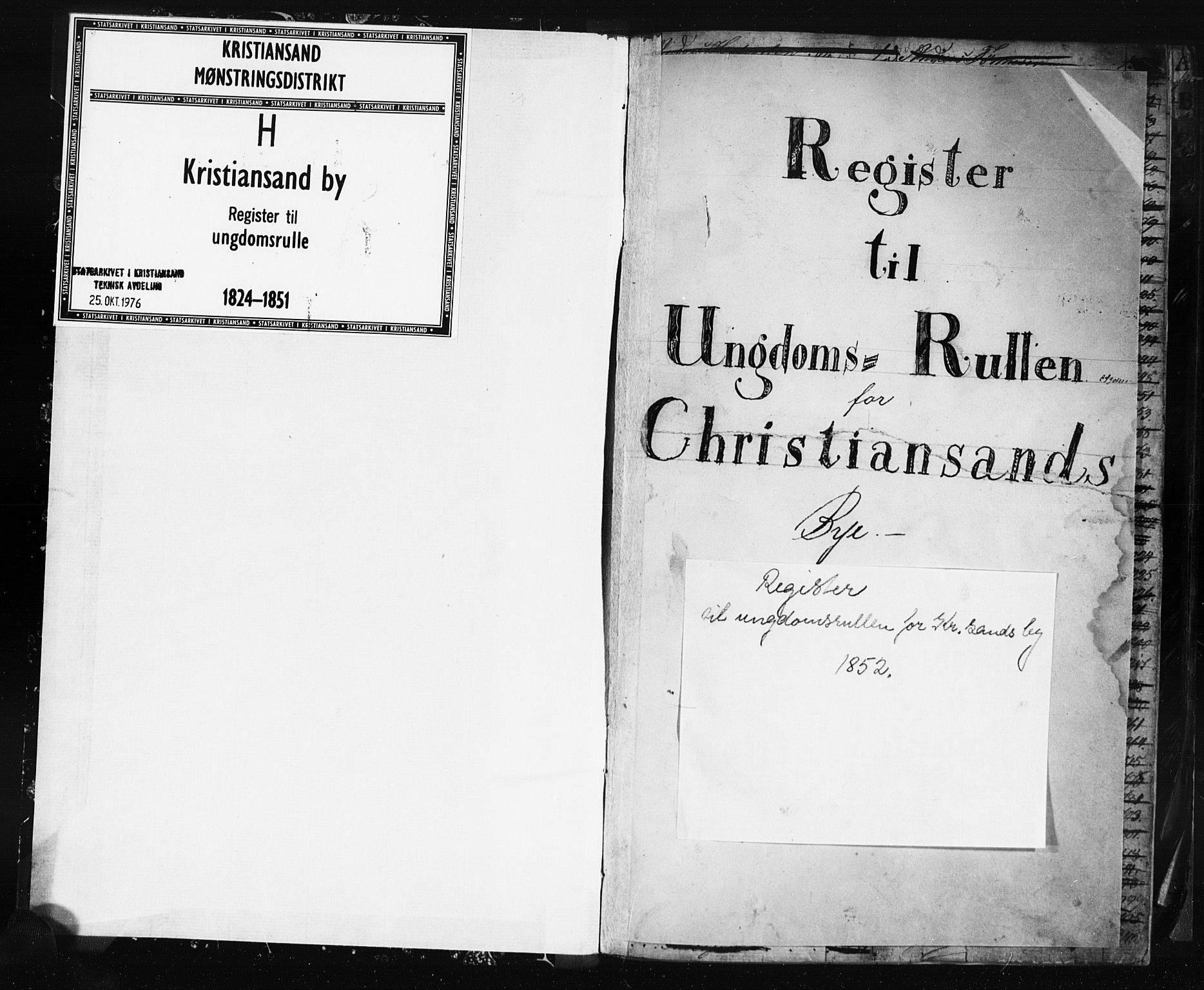 Kristiansand mønstringskrets, SAK/2031-0015/F/Fa/L0002: Register til ungdomsrulle Kristiansand by nr 1-3616, H-2, 1824-1851, p. 1