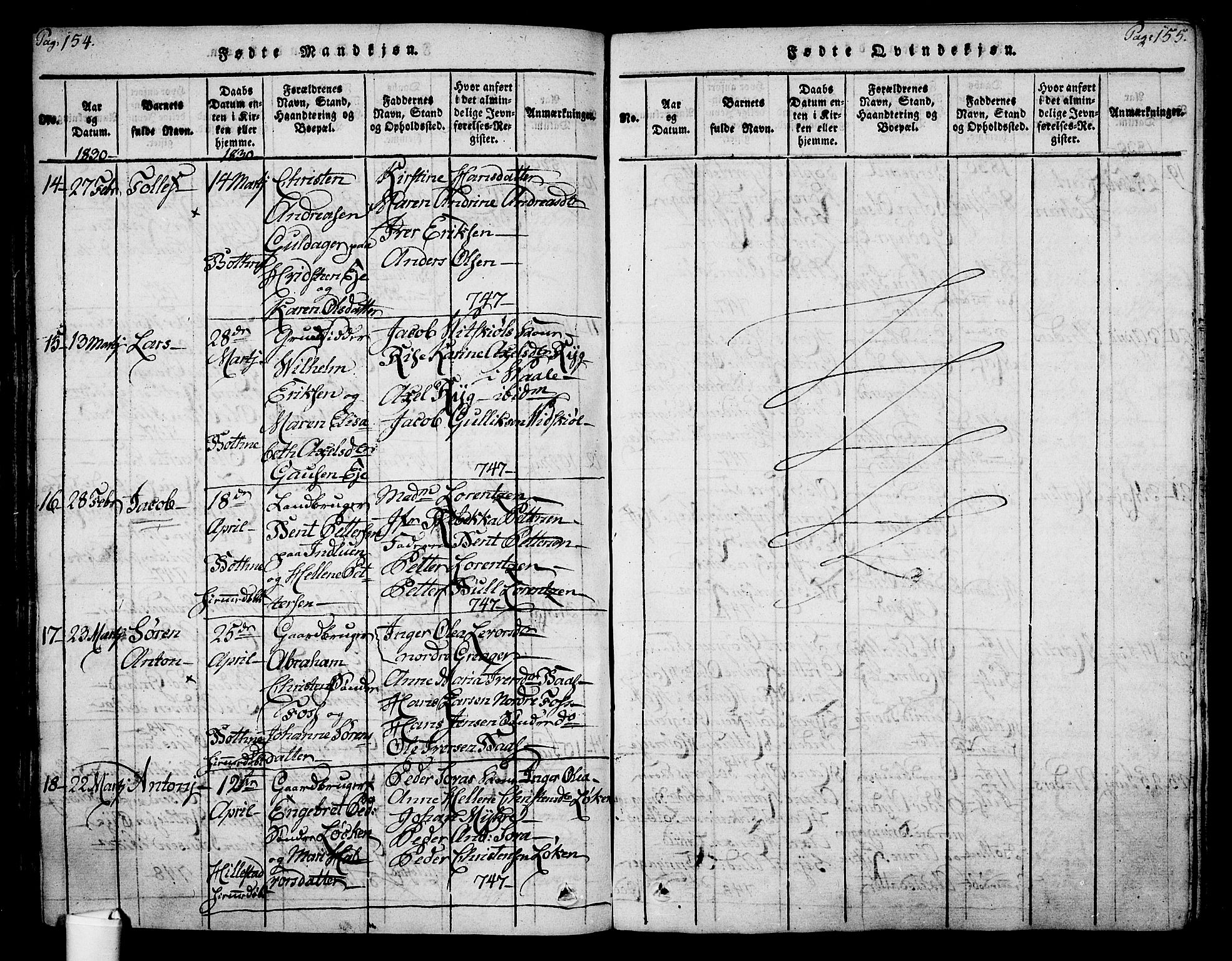 Botne kirkebøker, SAKO/A-340/F/Fa/L0005: Parish register (official) no. I 5, 1814-1836, p. 154-155