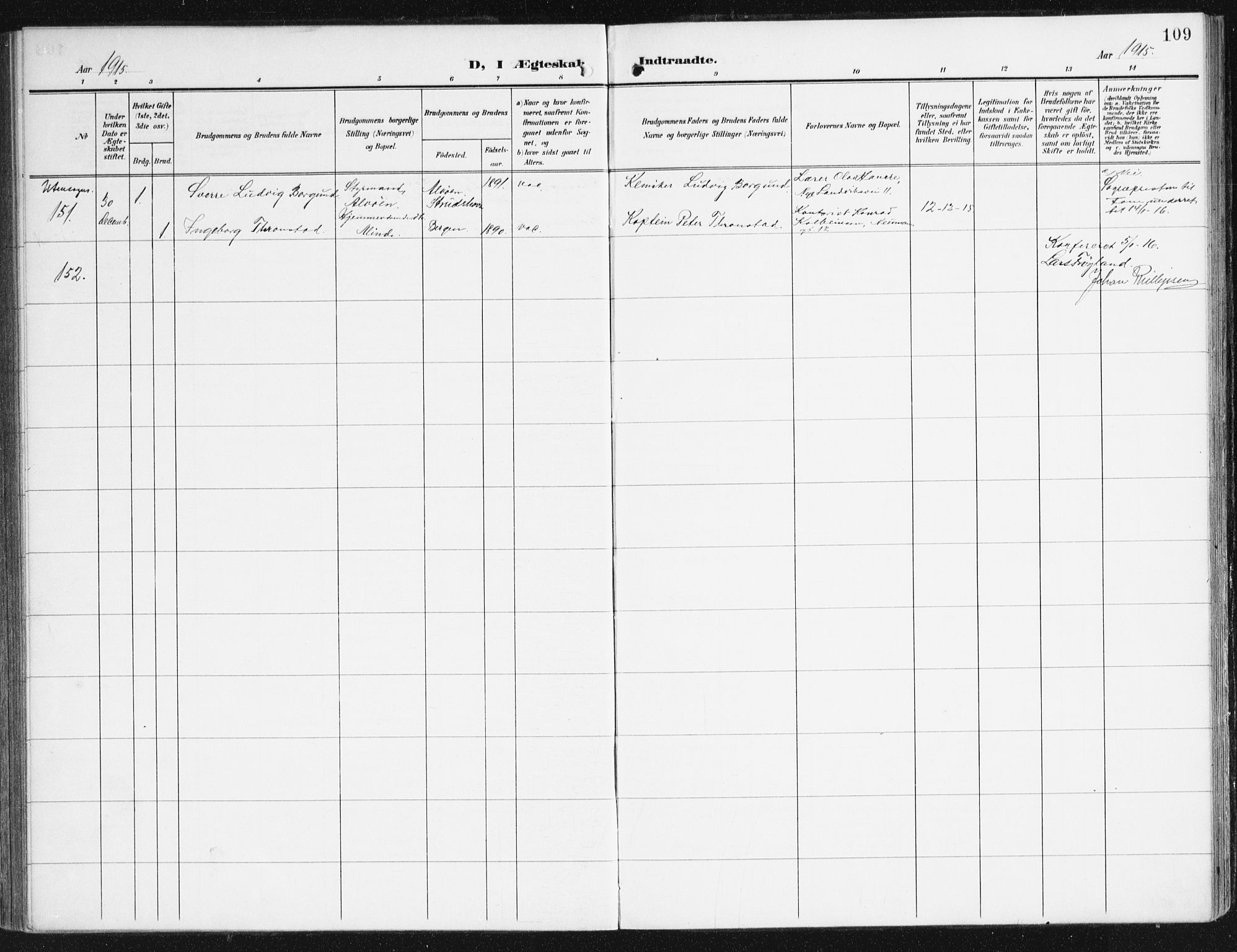 Domkirken sokneprestembete, AV/SAB-A-74801/H/Haa/L0038: Parish register (official) no. D 5, 1906-1921, p. 109