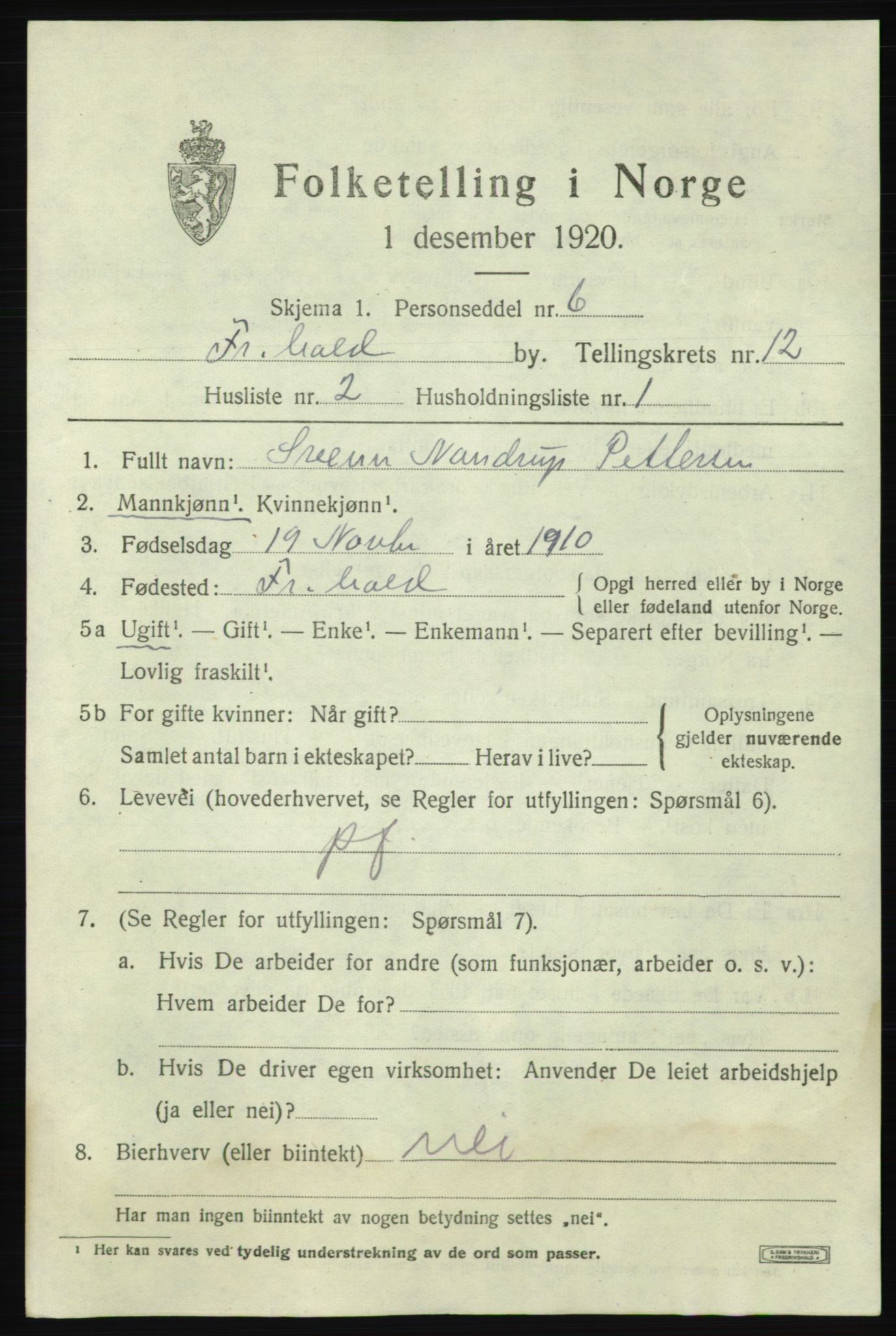 SAO, 1920 census for Fredrikshald, 1920, p. 19859