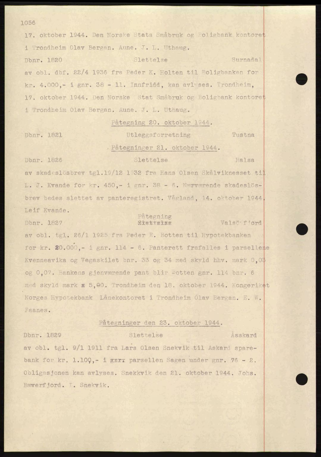 Nordmøre sorenskriveri, AV/SAT-A-4132/1/2/2Ca: Mortgage book no. C81, 1940-1945, Diary no: : 1821/1944