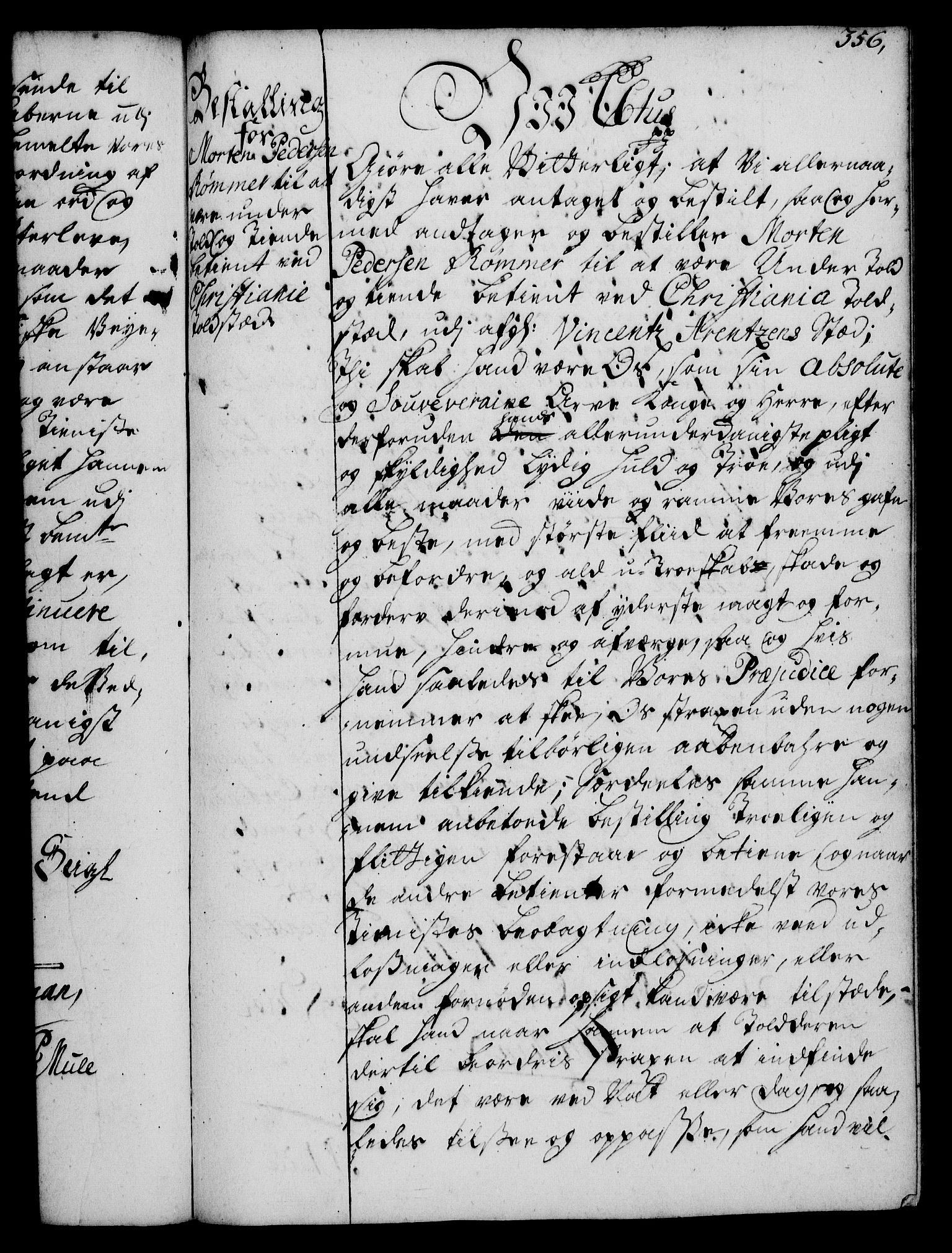 Rentekammeret, Kammerkanselliet, RA/EA-3111/G/Gg/Gge/L0002: Norsk bestallingsprotokoll med register (merket RK 53.26), 1730-1744, p. 356