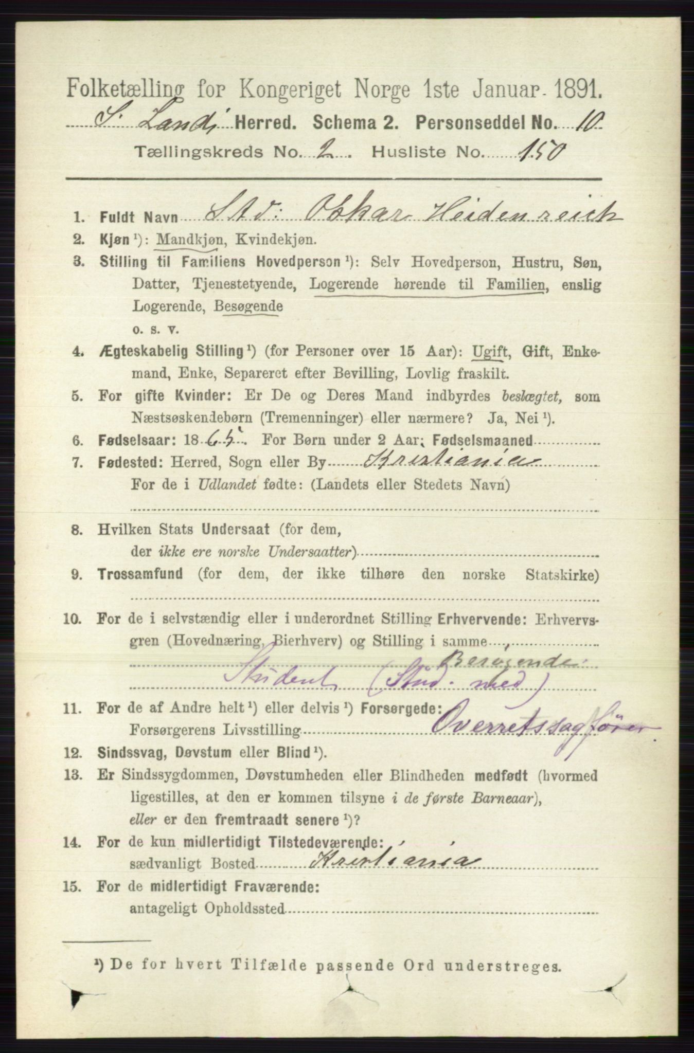 RA, 1891 census for 0536 Søndre Land, 1891, p. 1938