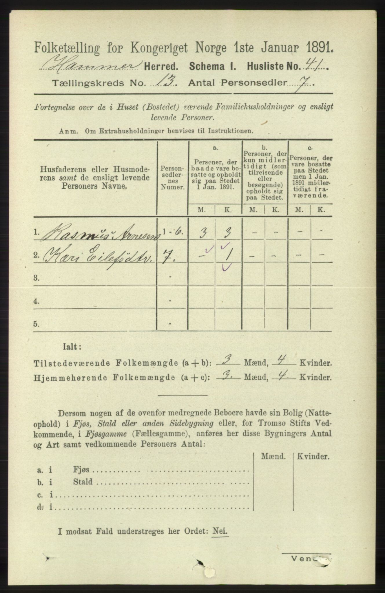 RA, 1891 census for 1254 Hamre, 1891, p. 3985