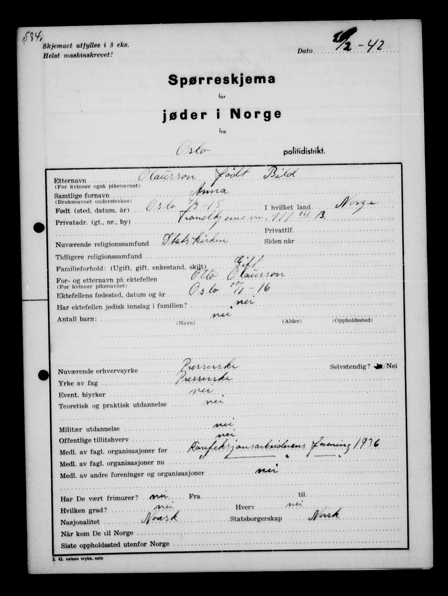 Statspolitiet - Hovedkontoret / Osloavdelingen, AV/RA-S-1329/G/Ga/L0010: Spørreskjema for jøder i Norge, Oslo Hansen-Pintzow, 1942, p. 972