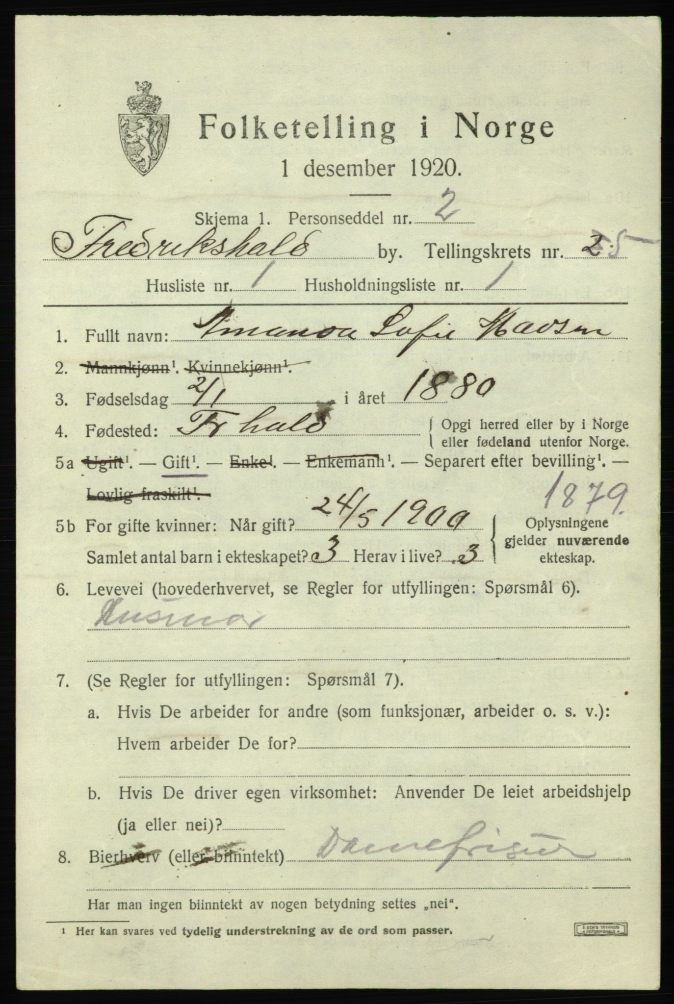 SAO, 1920 census for Fredrikshald, 1920, p. 11864