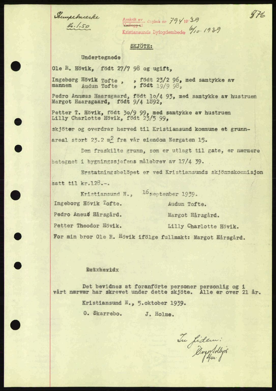 Kristiansund byfogd, AV/SAT-A-4587/A/27: Mortgage book no. 30, 1936-1941, Diary no: : 794/1939