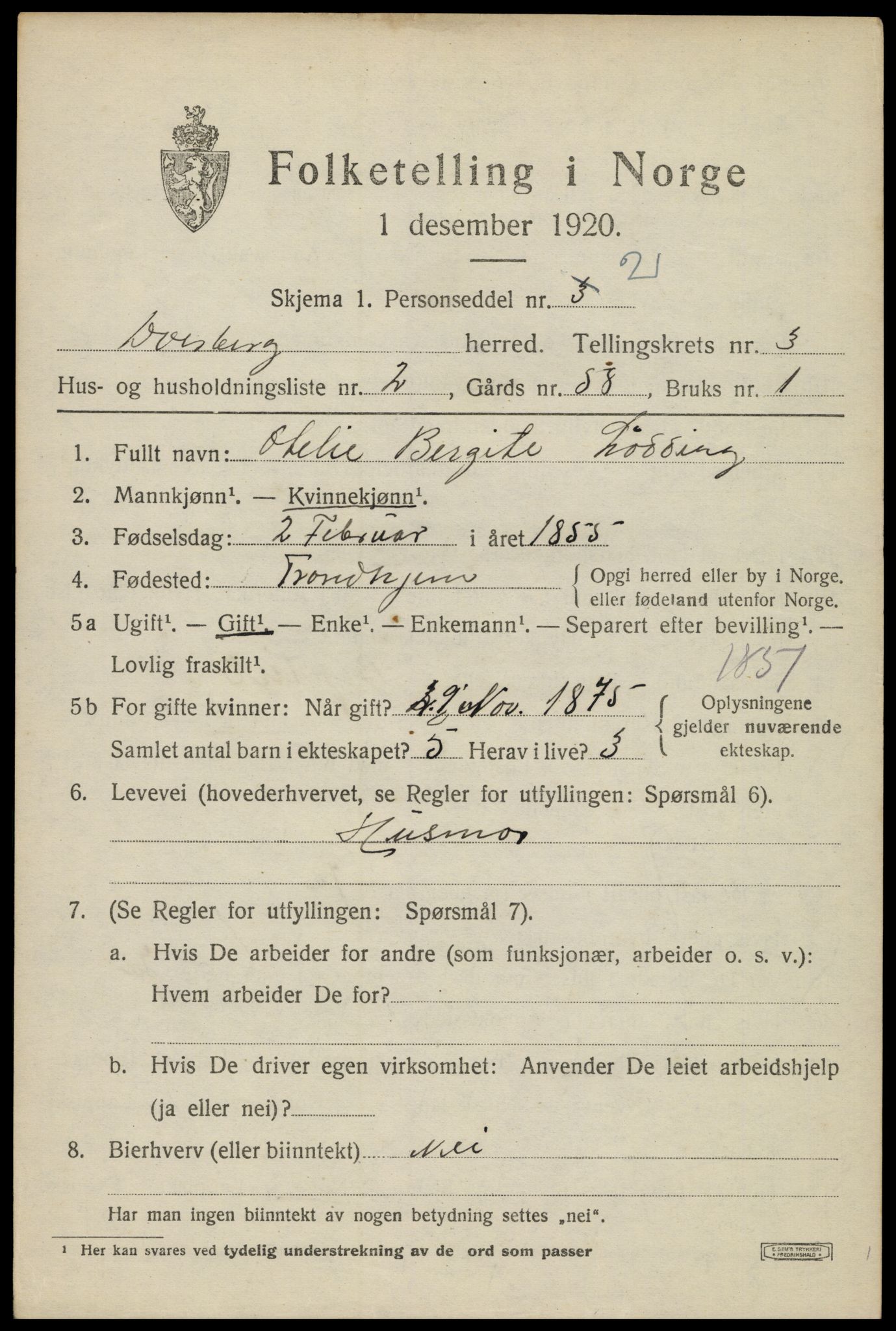 SAT, 1920 census for Dverberg, 1920, p. 3660