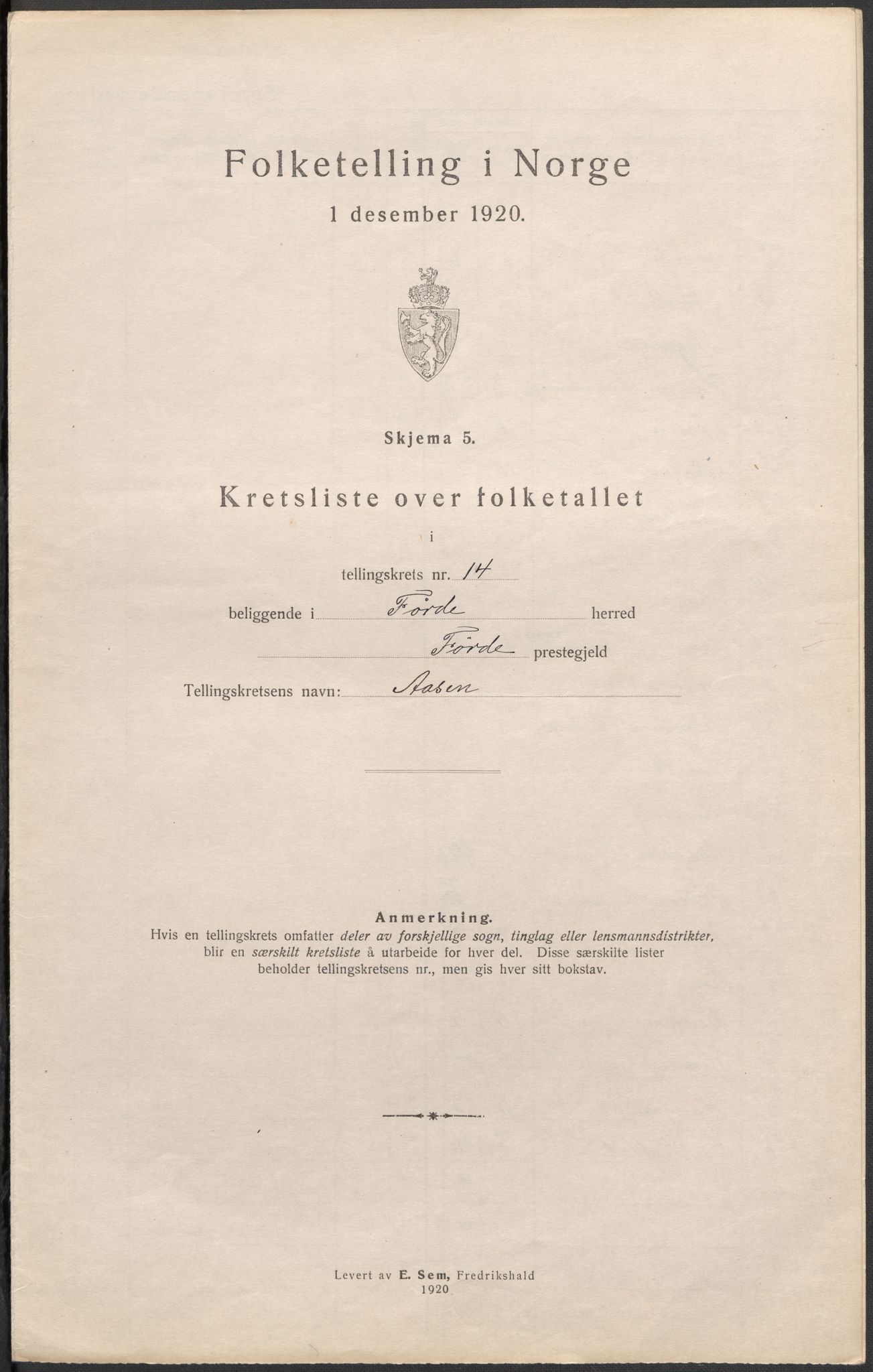 SAB, 1920 census for Førde, 1920, p. 44