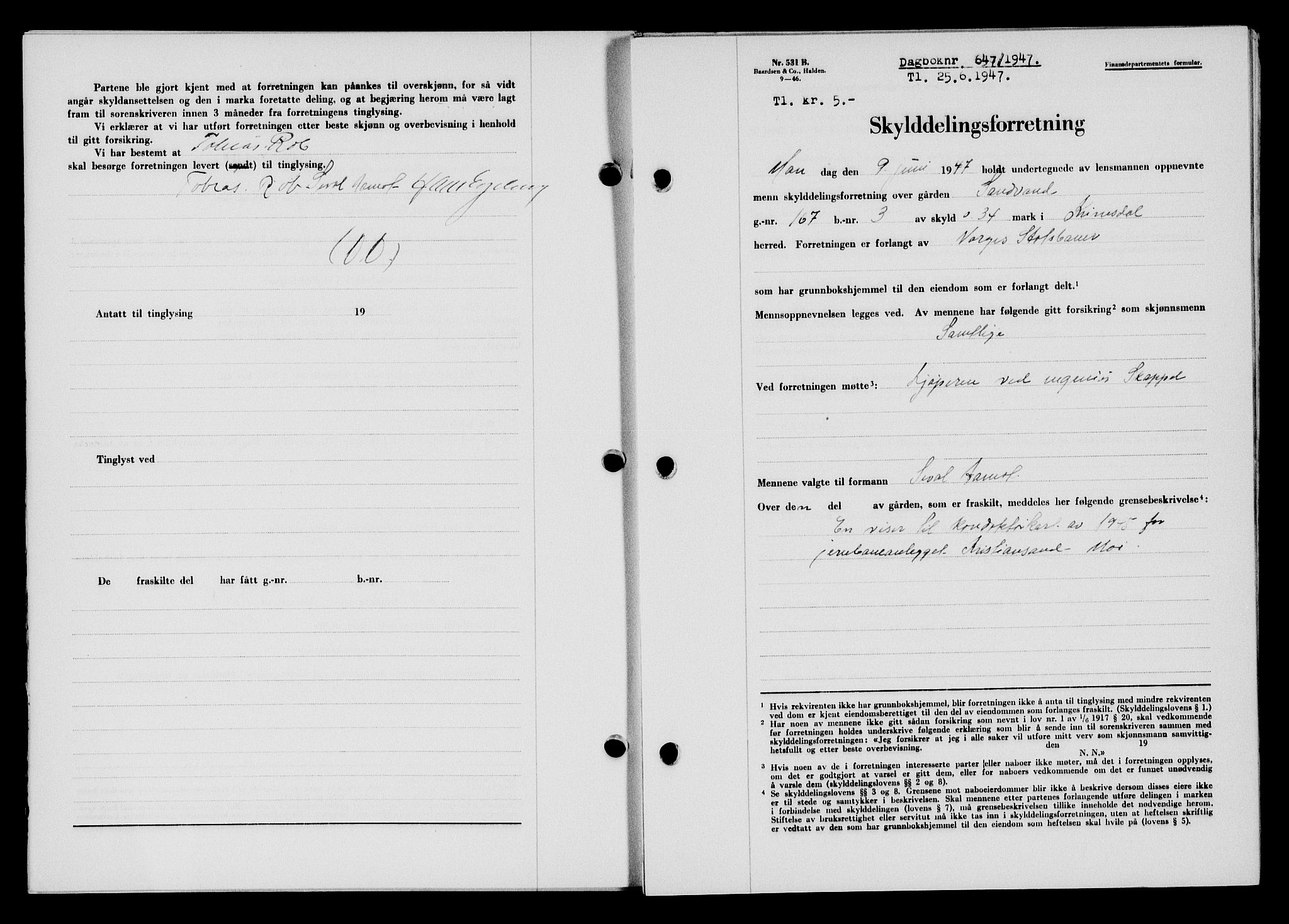 Flekkefjord sorenskriveri, SAK/1221-0001/G/Gb/Gba/L0062: Mortgage book no. A-10, 1947-1947, Diary no: : 647/1947