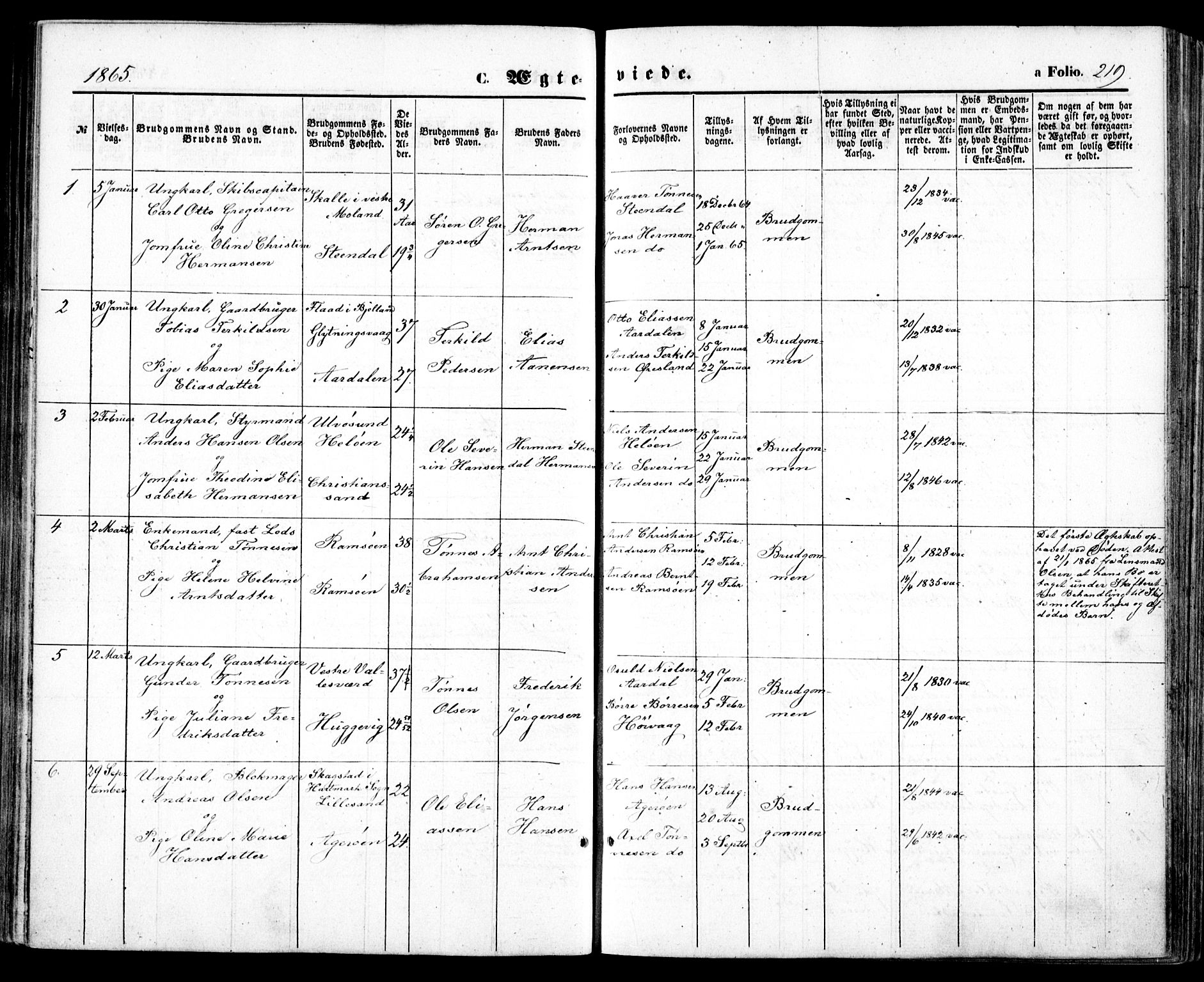 Høvåg sokneprestkontor, SAK/1111-0025/F/Fa/L0004: Parish register (official) no. A 4, 1859-1877, p. 219
