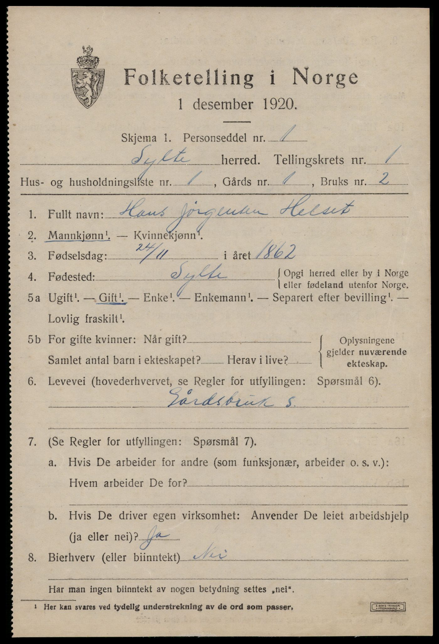 SAT, 1920 census for Sylte, 1920, p. 581