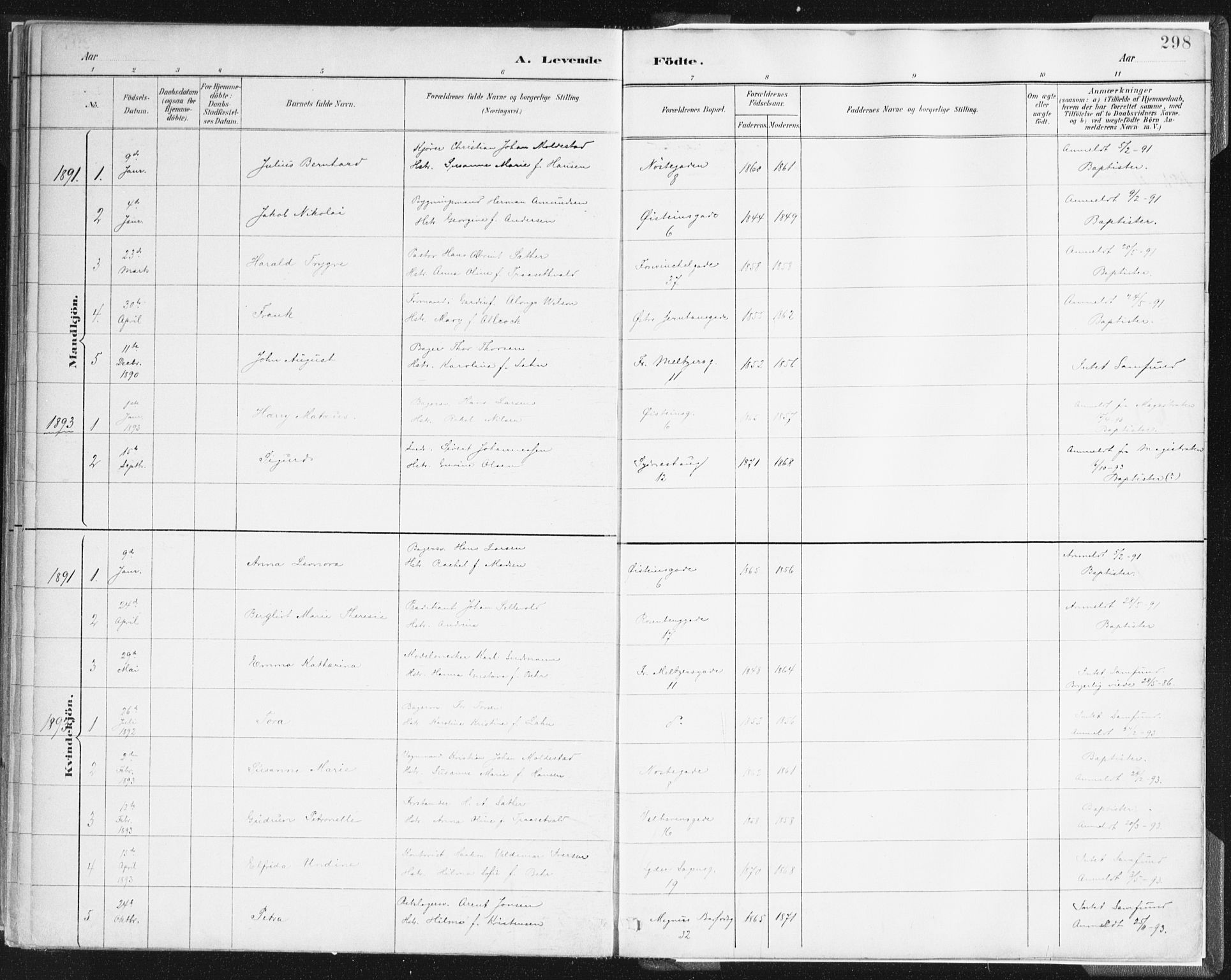 Johanneskirken sokneprestembete, SAB/A-76001/H/Haa/L0001: Parish register (official) no. A 1, 1885-1900, p. 298