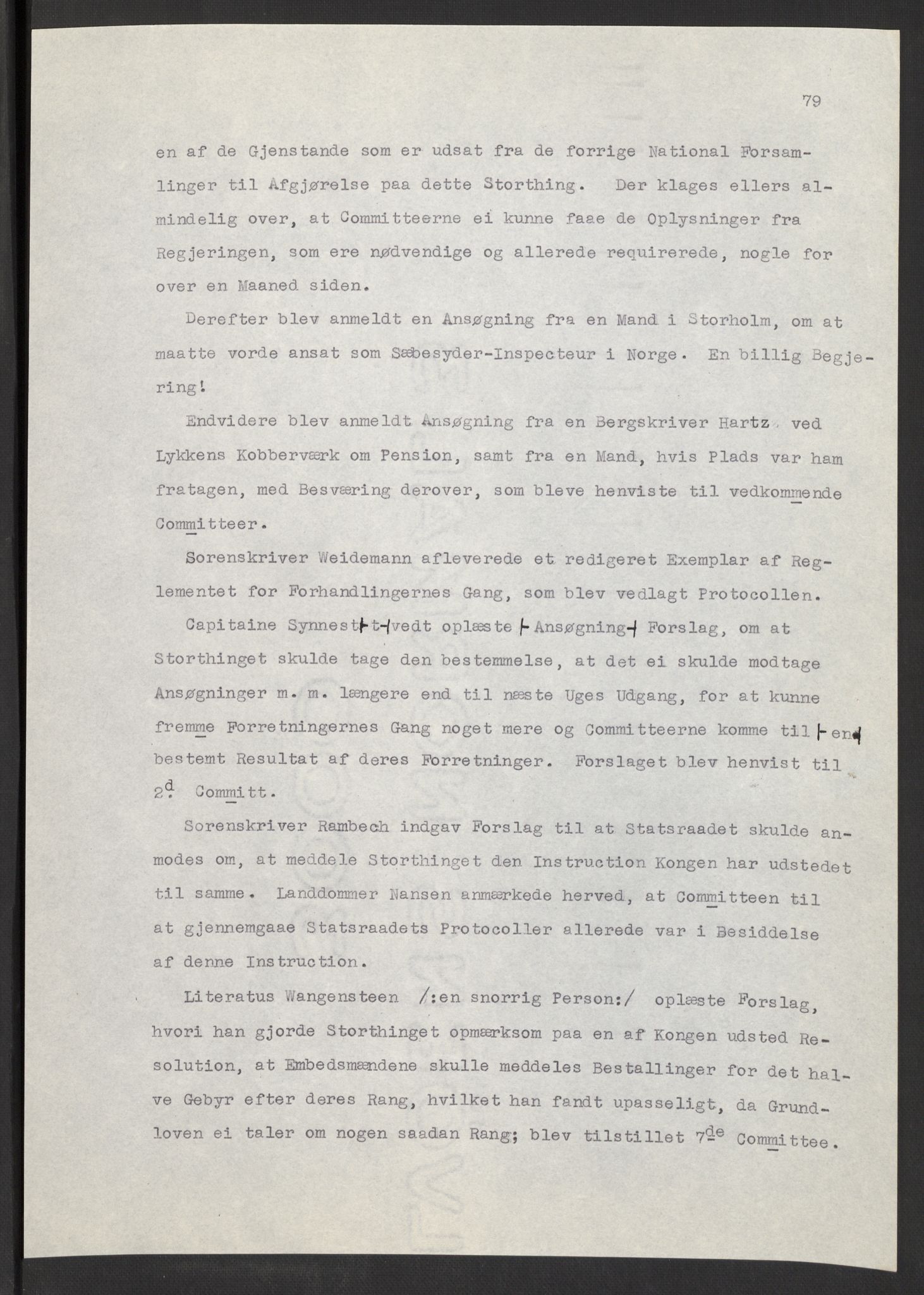 Manuskriptsamlingen, AV/RA-EA-3667/F/L0197: Wetlesen, Hans Jørgen (stortingsmann, ingeniørkaptein); Referat fra Stortinget 1815-1816, 1815-1816, p. 79