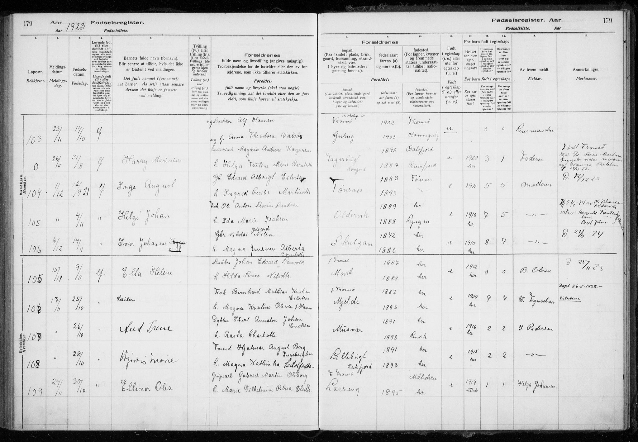 Tromsøysund sokneprestkontor, AV/SATØ-S-1304/H/Ha/L0079: Birth register no. 79, 1916-1924, p. 179