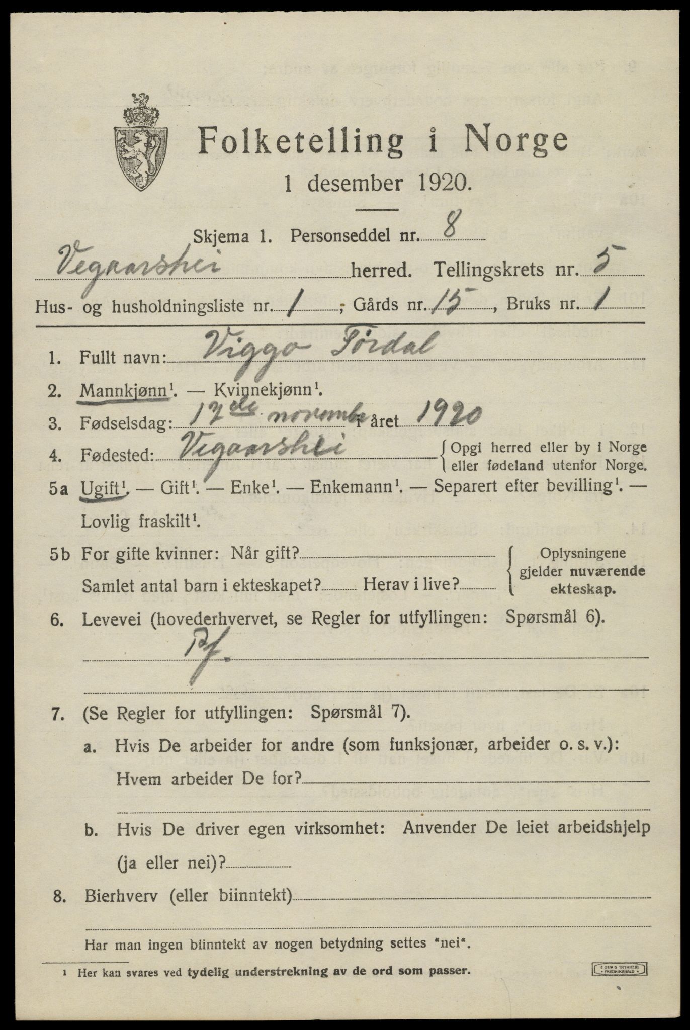 SAK, 1920 census for Vegårshei, 1920, p. 1916