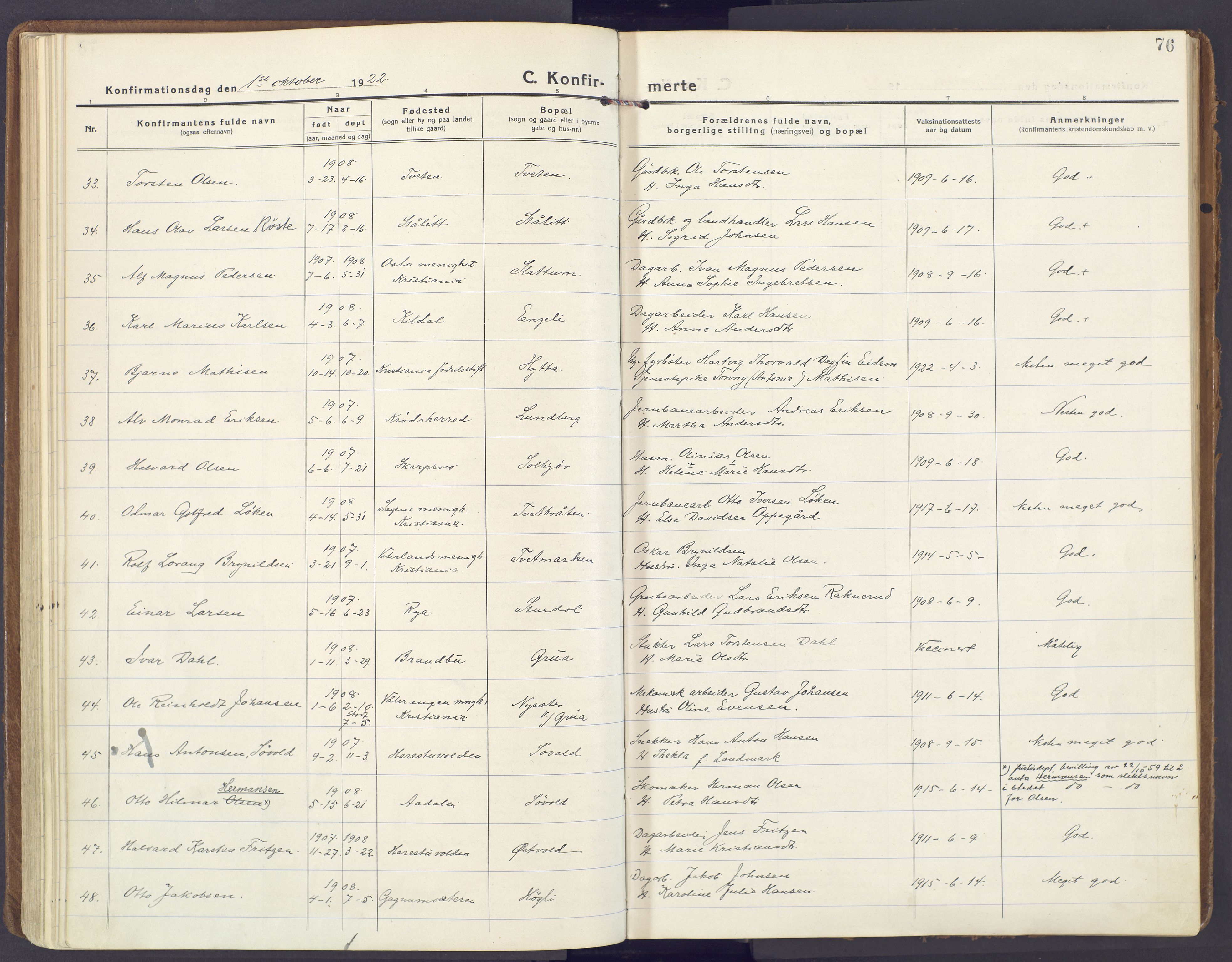 Lunner prestekontor, AV/SAH-PREST-118/H/Ha/Haa/L0002: Parish register (official) no. 2, 1922-1931, p. 76