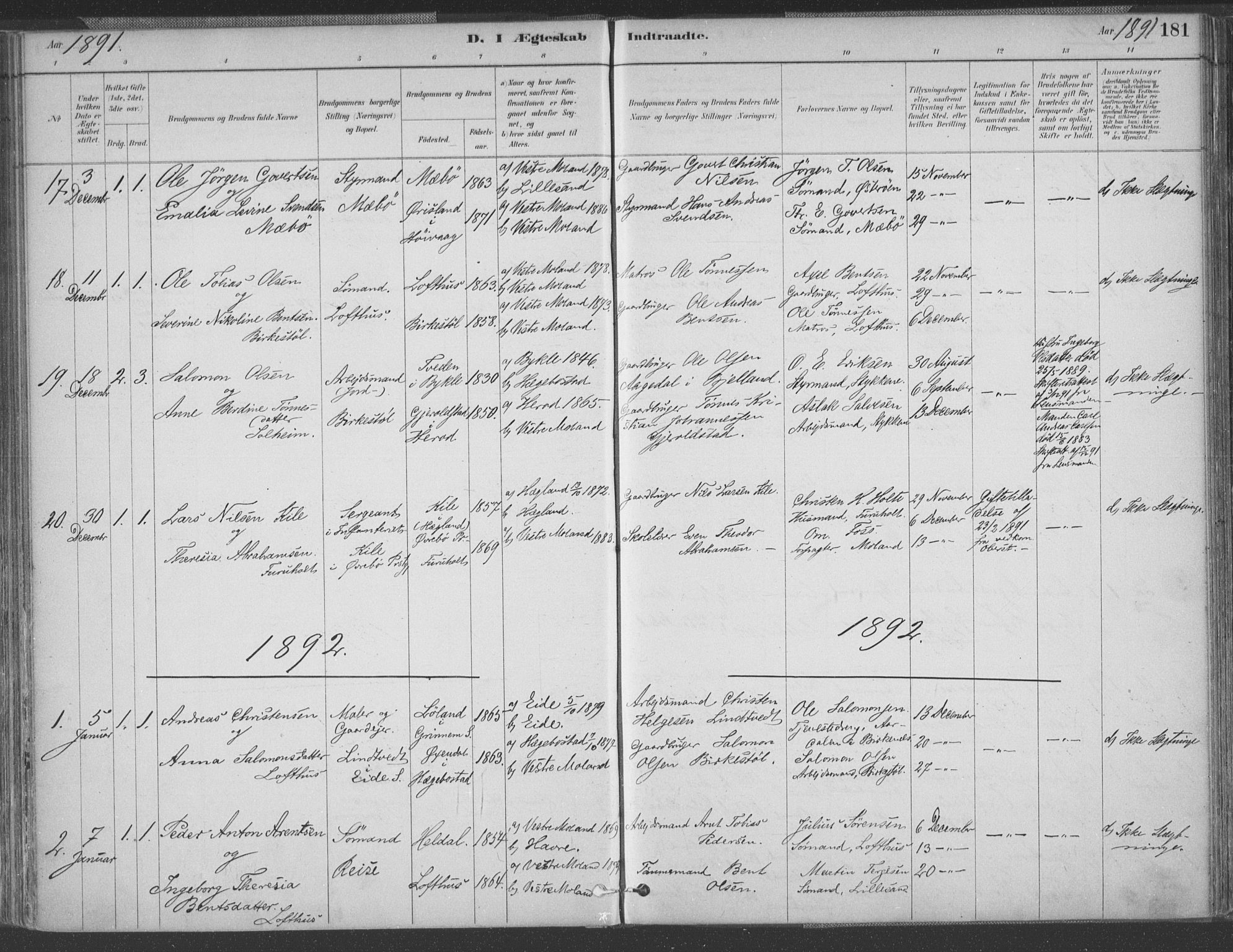 Vestre Moland sokneprestkontor, AV/SAK-1111-0046/F/Fa/Fab/L0009: Parish register (official) no. A 9, 1884-1899, p. 181