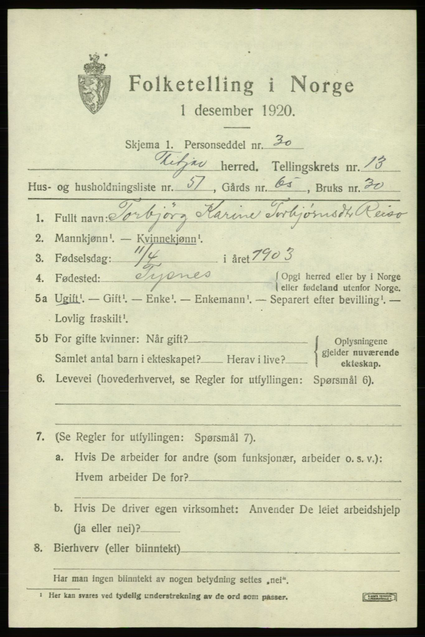 SAB, 1920 census for Fitjar, 1920, p. 5712