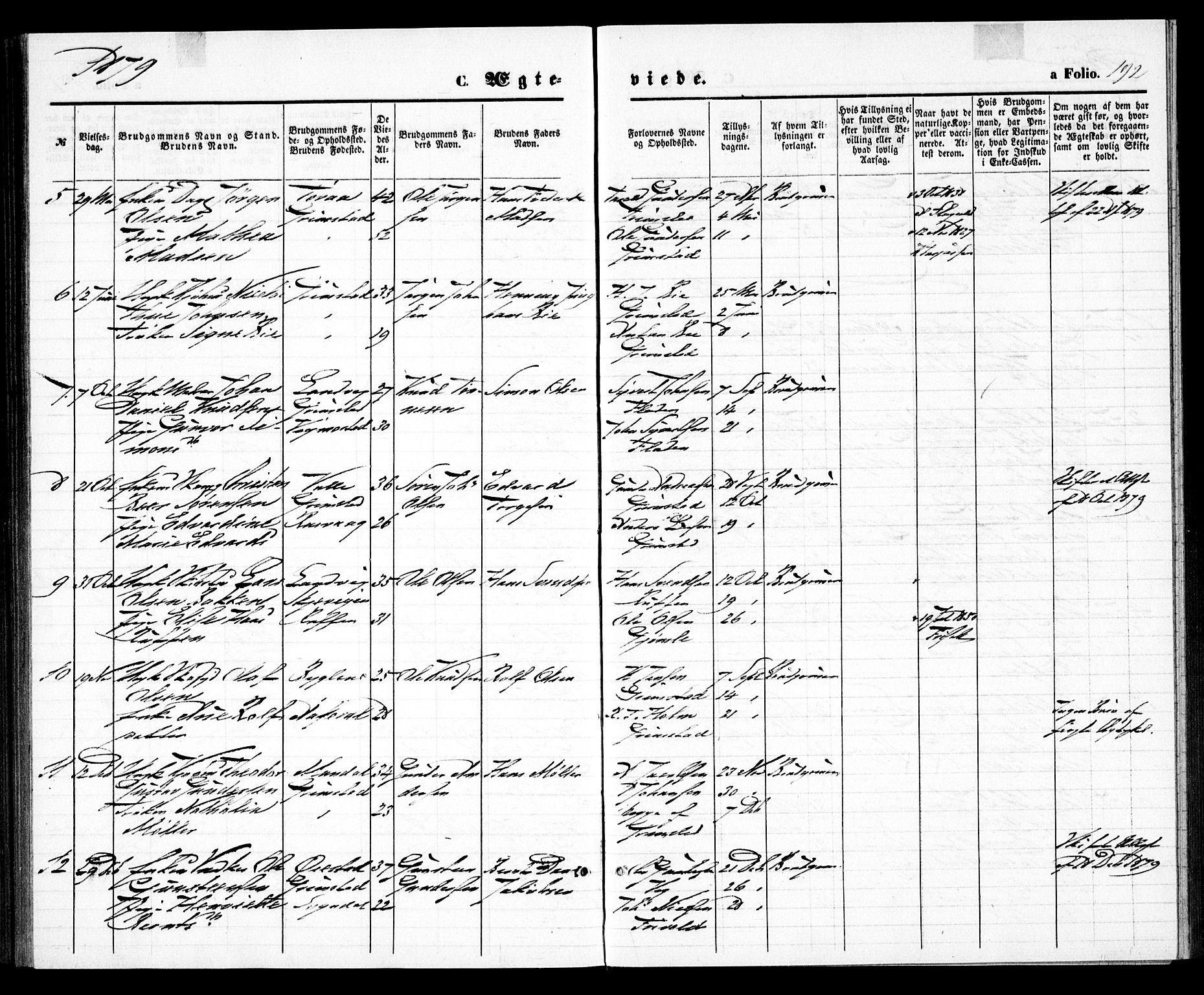 Grimstad sokneprestkontor, AV/SAK-1111-0017/F/Fa/L0002: Parish register (official) no. A 1, 1869-1881, p. 192