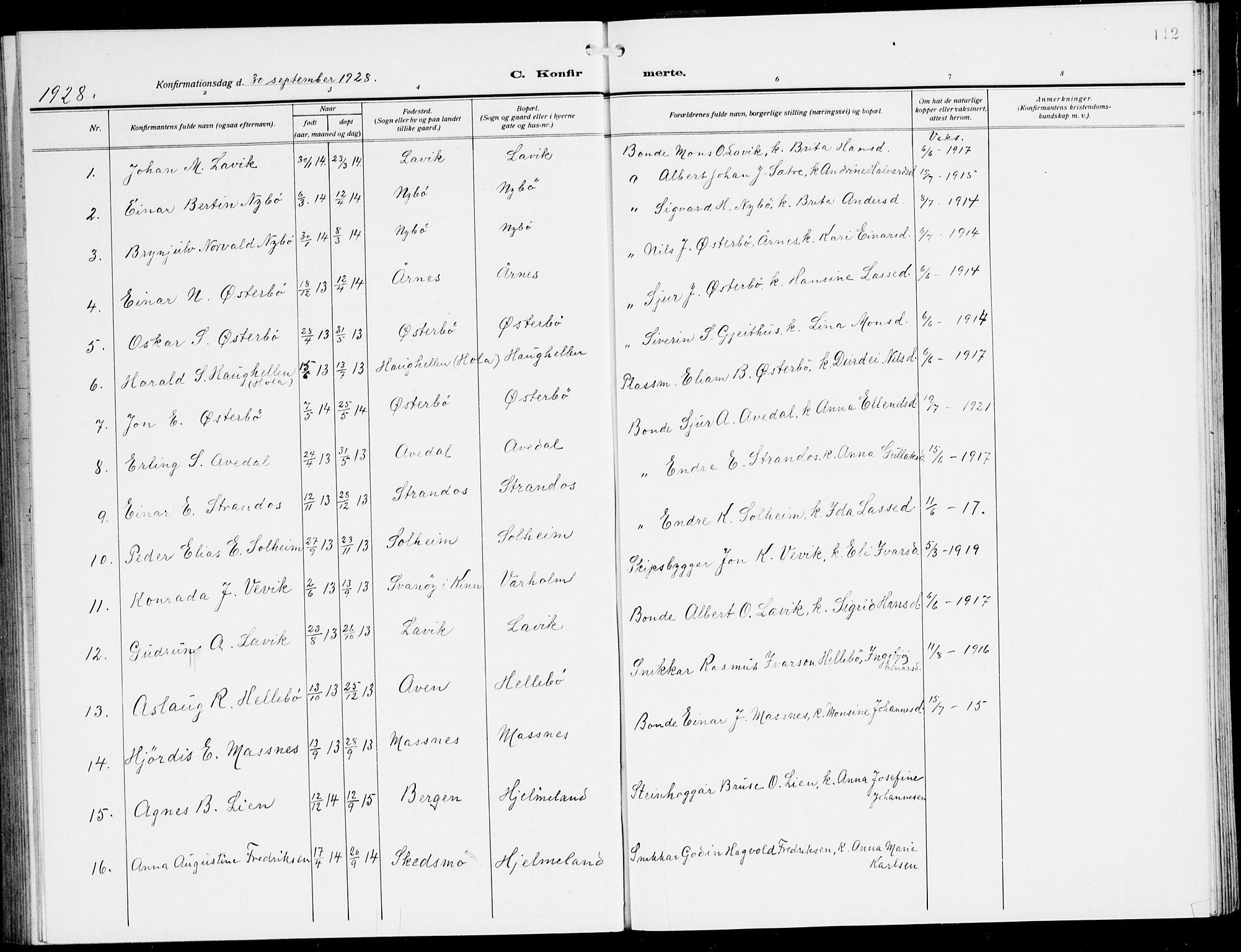 Lavik sokneprestembete, SAB/A-80901: Parish register (copy) no. A 3, 1911-1942, p. 112