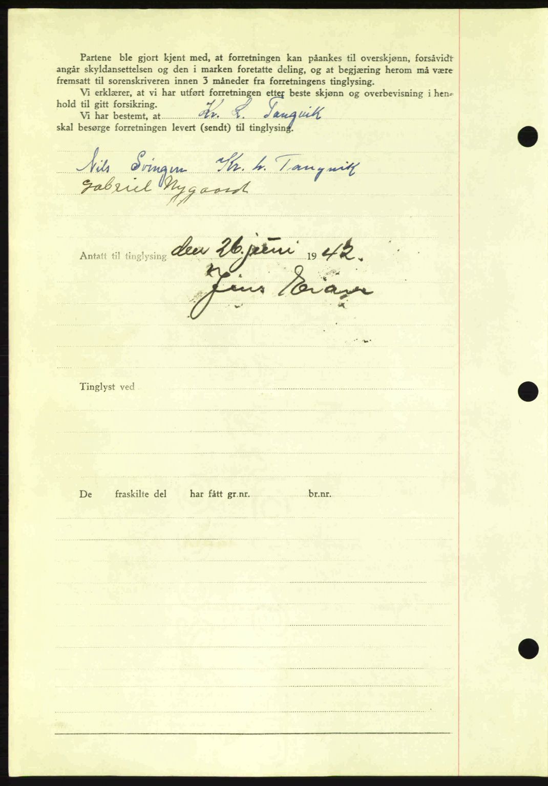 Fosen sorenskriveri, AV/SAT-A-1107/1/2/2C: Mortgage book no. A/B, 1941-1945, Diary no: : 652/1942