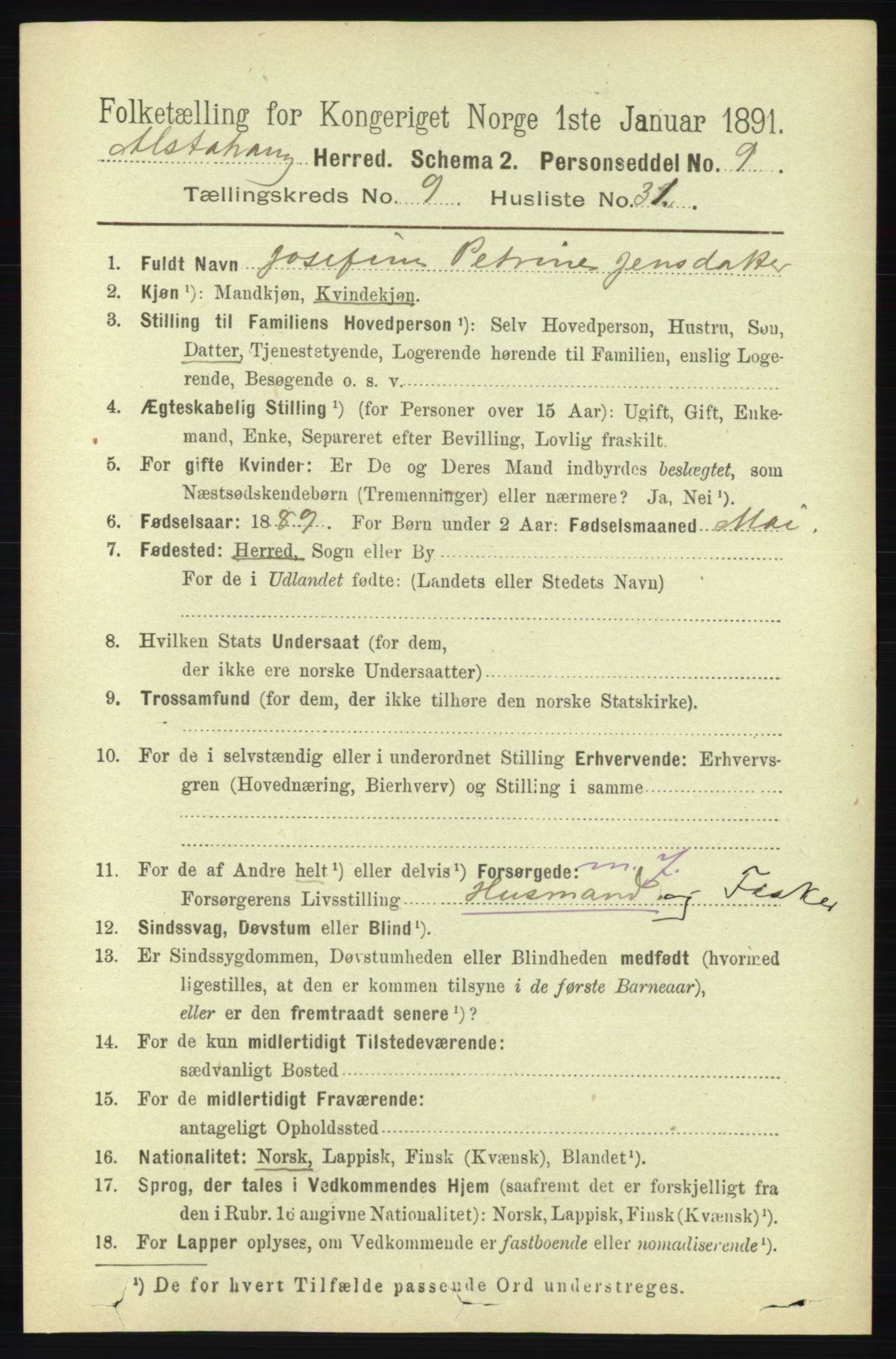 RA, 1891 census for 1820 Alstahaug, 1891, p. 3458