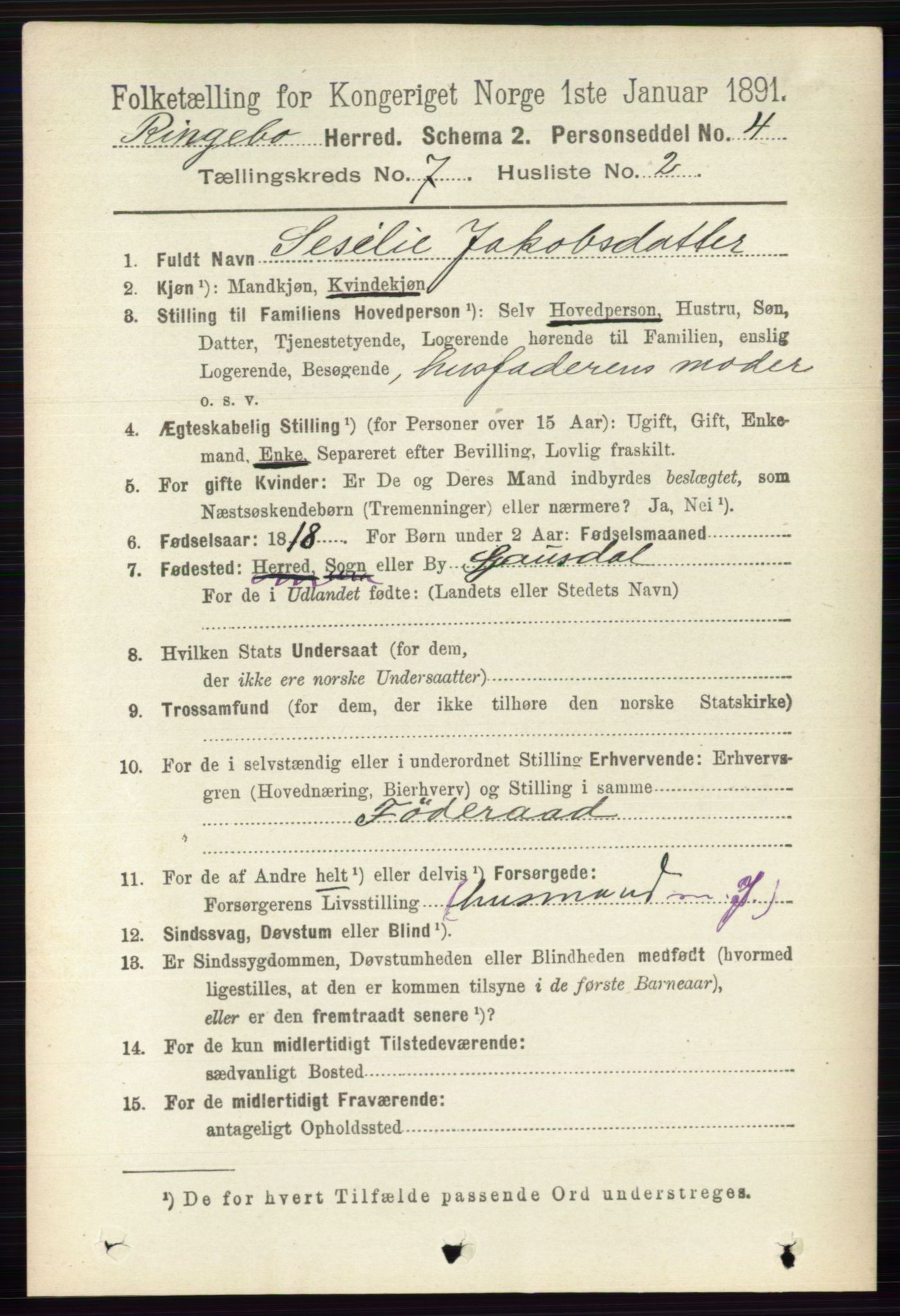 RA, 1891 census for 0520 Ringebu, 1891, p. 3047