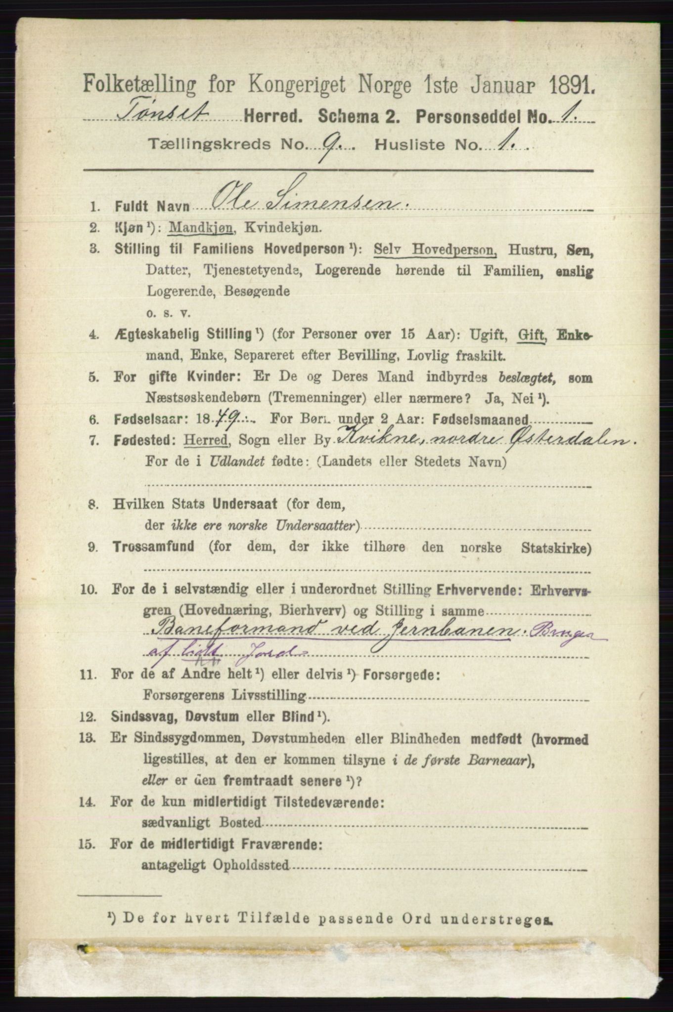 RA, 1891 census for 0437 Tynset, 1891, p. 2420