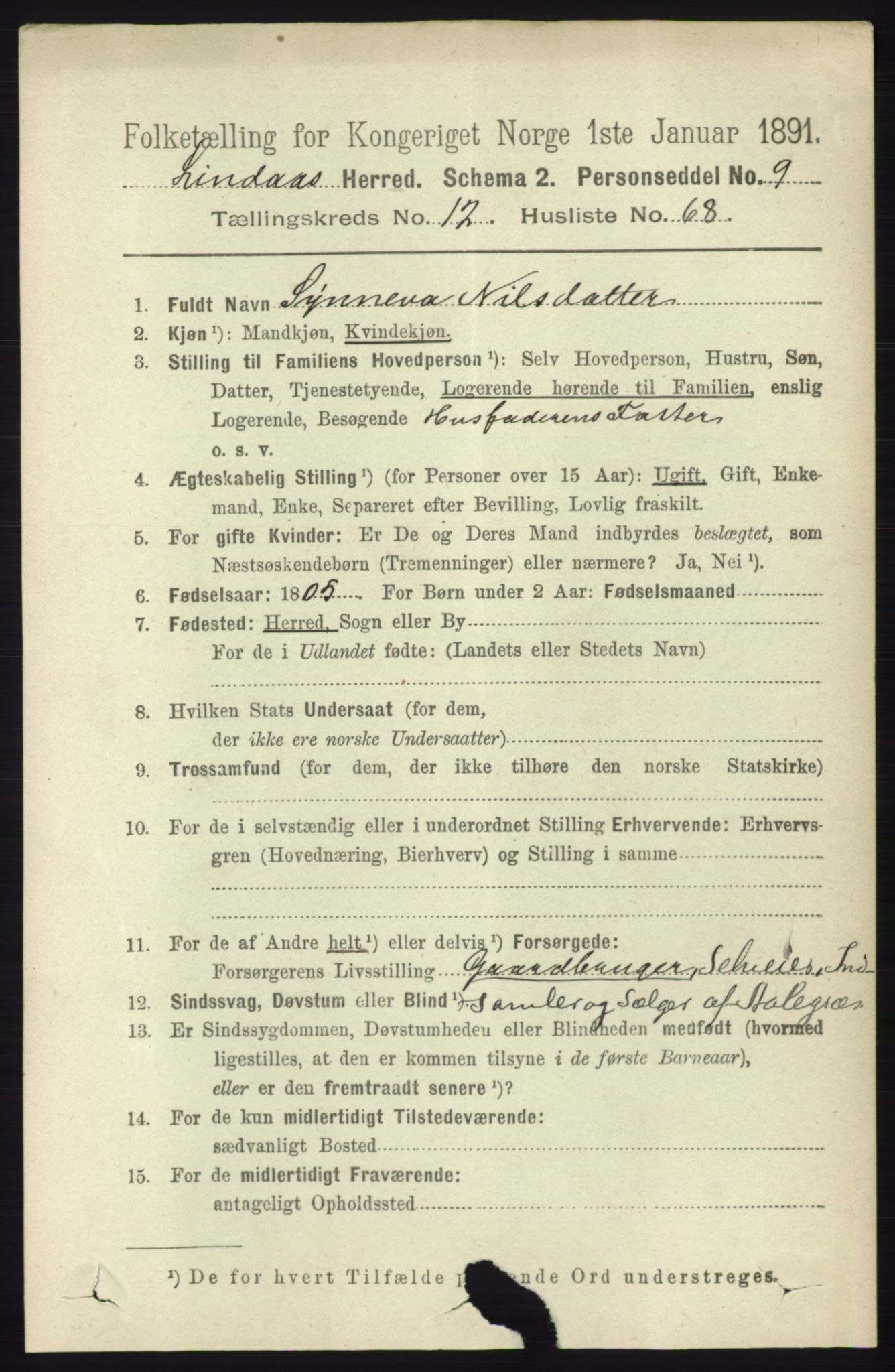 RA, 1891 census for 1263 Lindås, 1891, p. 4492