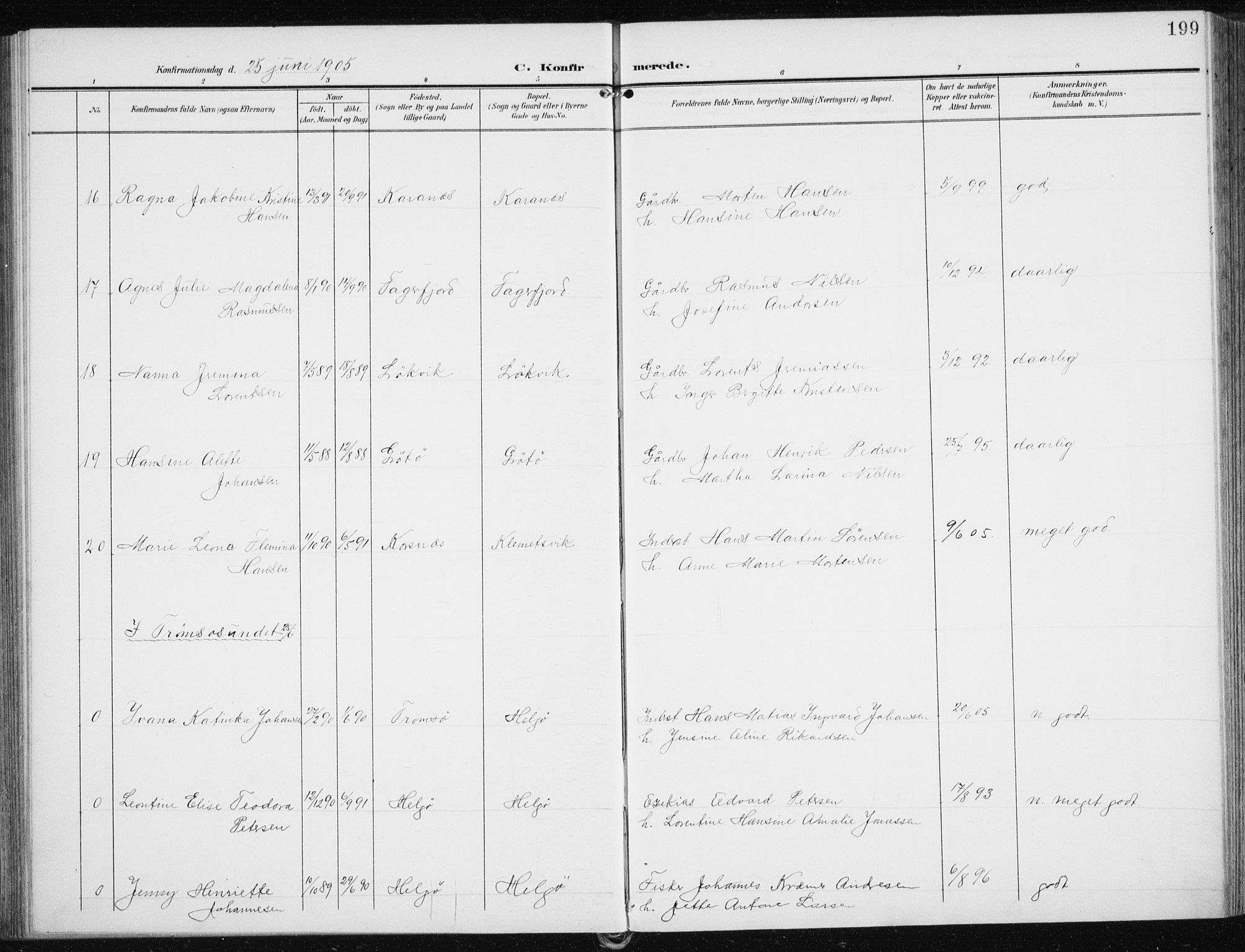 Karlsøy sokneprestembete, AV/SATØ-S-1299/H/Ha/Haa/L0014kirke: Parish register (official) no. 14, 1903-1917, p. 199