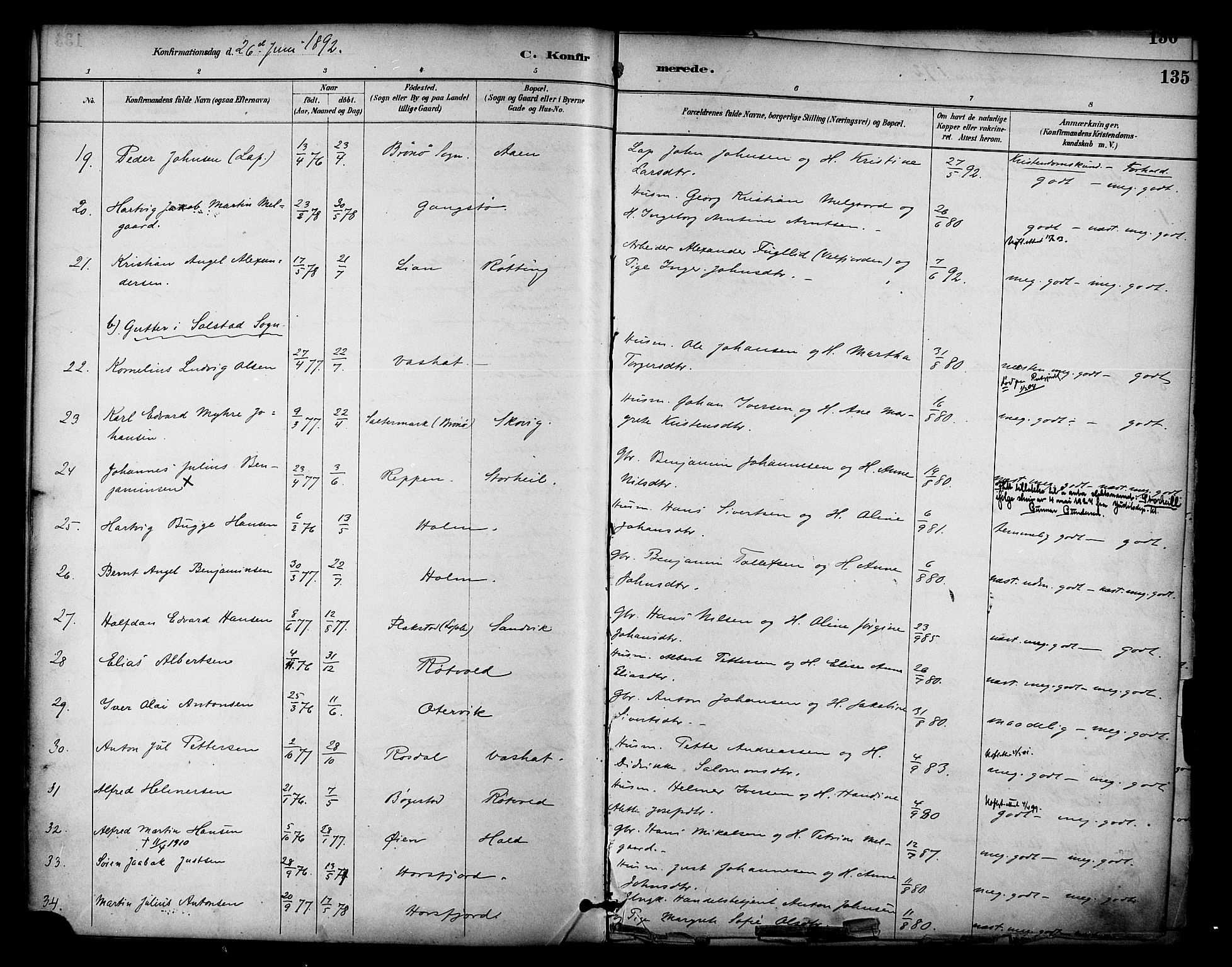 Ministerialprotokoller, klokkerbøker og fødselsregistre - Nordland, AV/SAT-A-1459/810/L0150: Parish register (official) no. 810A10 /1, 1884-1895, p. 135