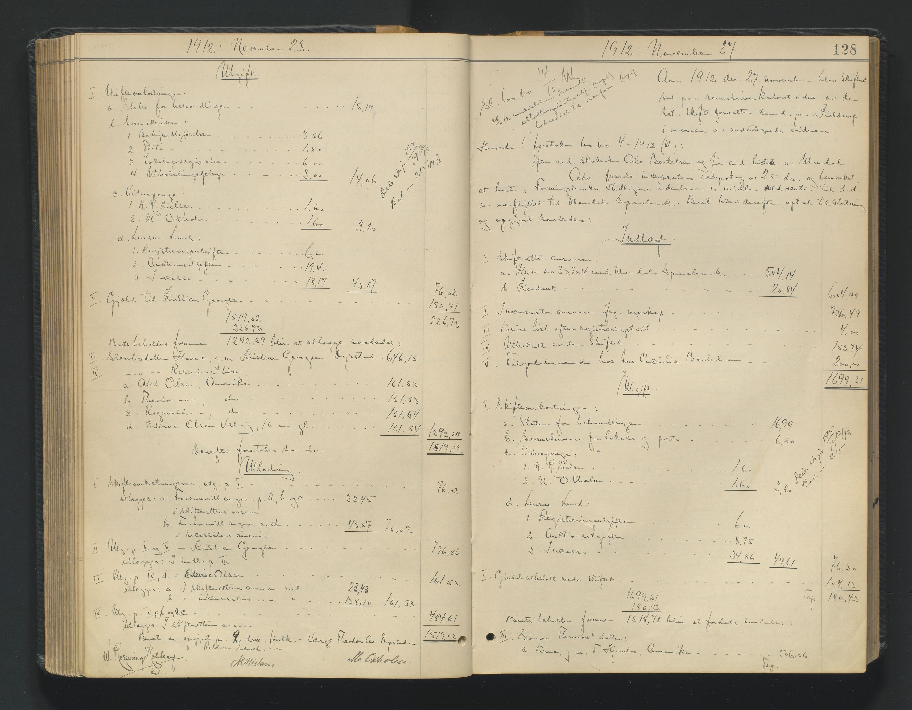 Mandal sorenskriveri, SAK/1221-0005/001/H/Hc/L0098: Skifteutlodningsprotokoll nr 7, 1910-1917, p. 128