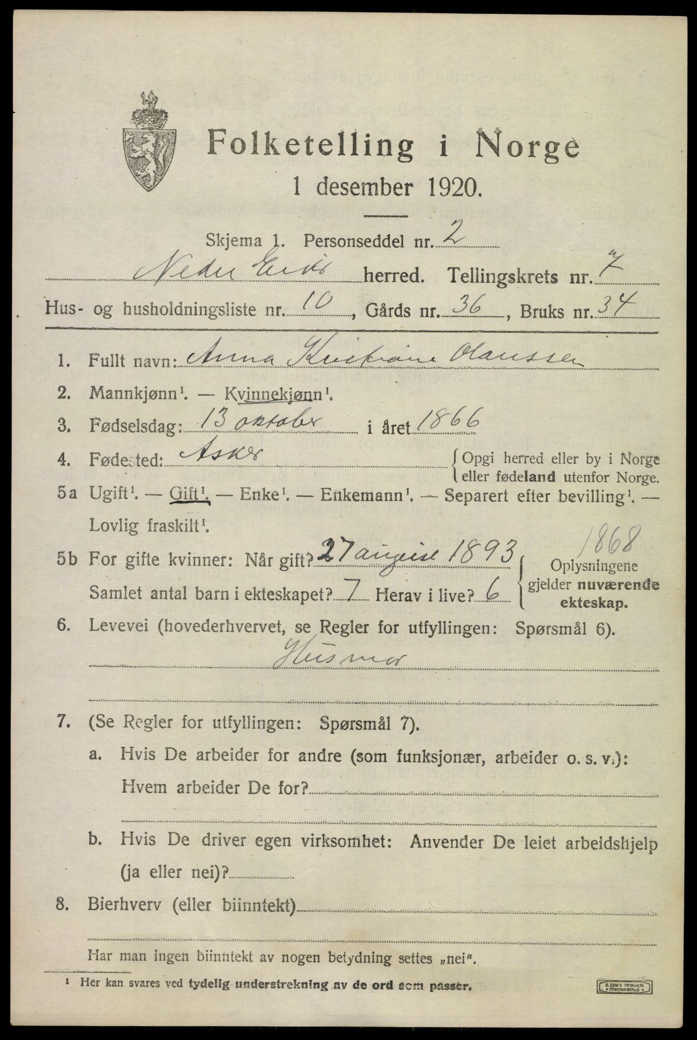 SAKO, 1920 census for Nedre Eiker, 1920, p. 7509
