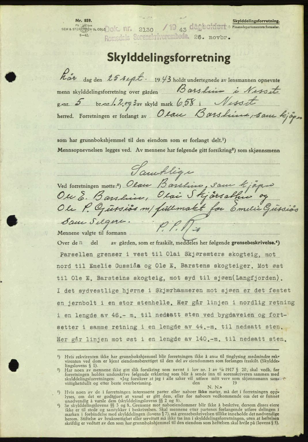 Romsdal sorenskriveri, AV/SAT-A-4149/1/2/2C: Mortgage book no. A15, 1943-1944, Diary no: : 2130/1943