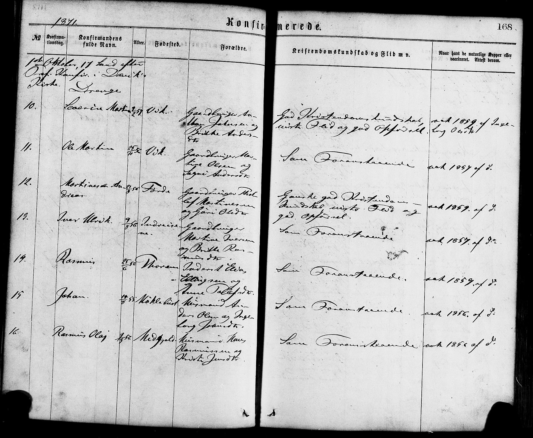 Davik sokneprestembete, AV/SAB-A-79701/H/Haa/Haaa/L0006: Parish register (official) no. A 6, 1867-1881, p. 168