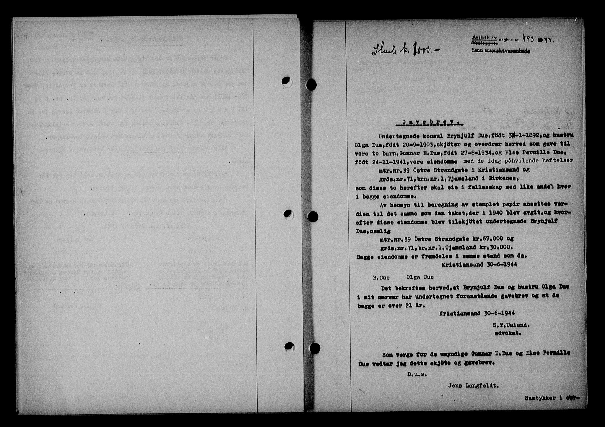 Vestre Nedenes/Sand sorenskriveri, SAK/1221-0010/G/Gb/Gba/L0053: Mortgage book no. A 6, 1944-1945, Diary no: : 493/1944