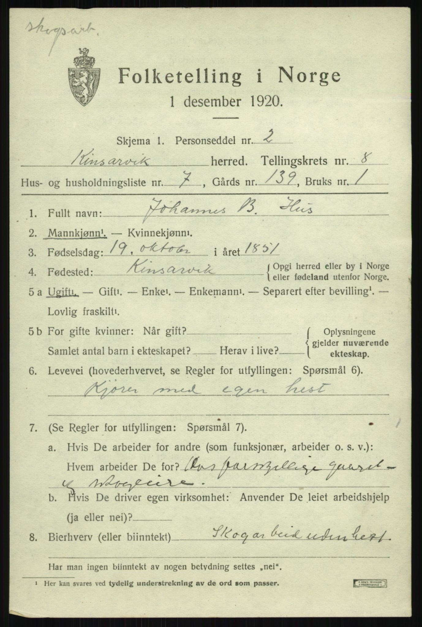 SAB, 1920 census for Kinsarvik, 1920, p. 3688