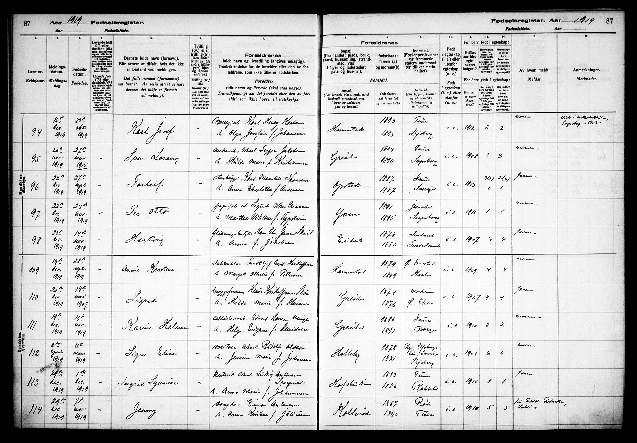 Tune prestekontor Kirkebøker, AV/SAO-A-2007/J/Ja/L0001: Birth register no. I 1, 1916-1928, p. 87