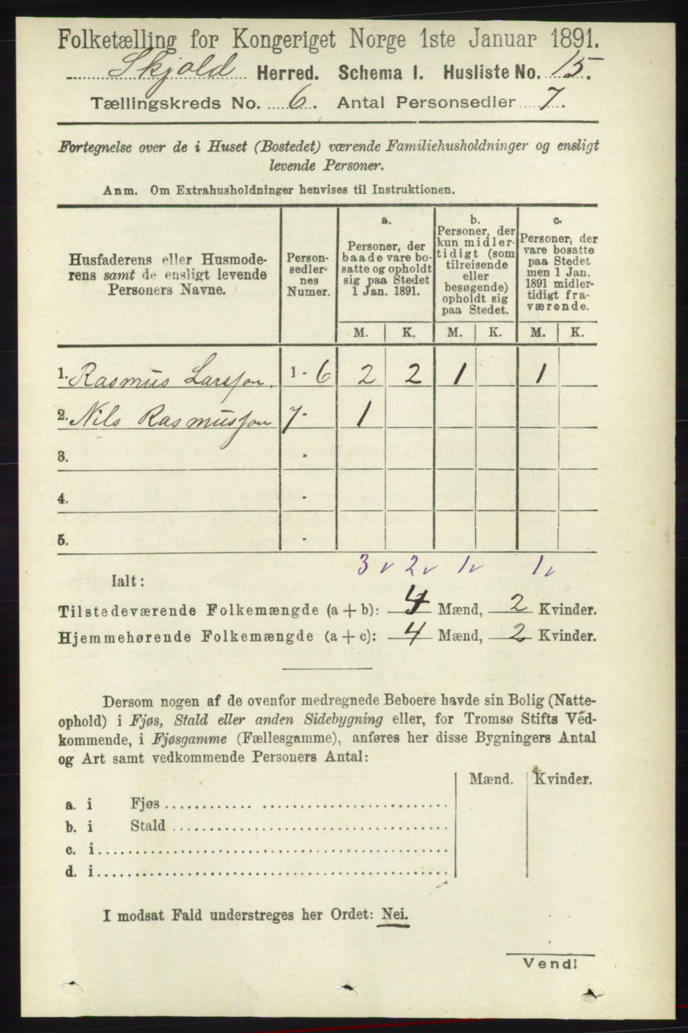 RA, 1891 census for 1154 Skjold, 1891, p. 964