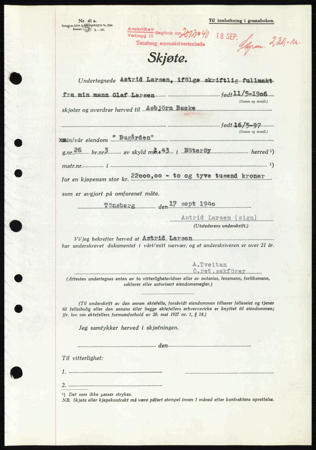 Tønsberg sorenskriveri, AV/SAKO-A-130/G/Ga/Gaa/L0009: Mortgage book no. A9, 1940-1941, Diary no: : 2002/1940